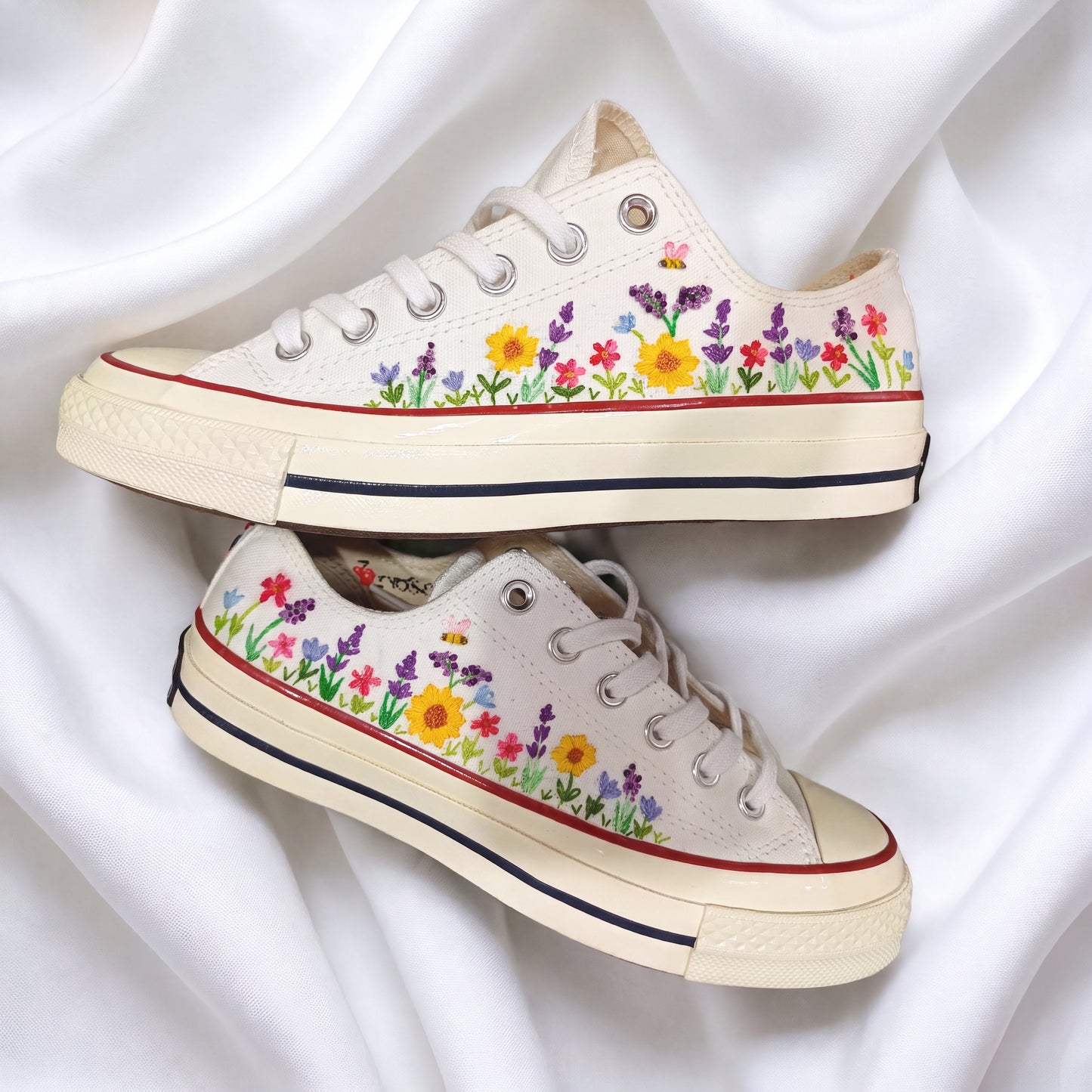 Hand Embroidered White Low Top Converse Sneakers | Personalized Wildflower Canvas Shoes | Custom Floral Wedding Gift for Women