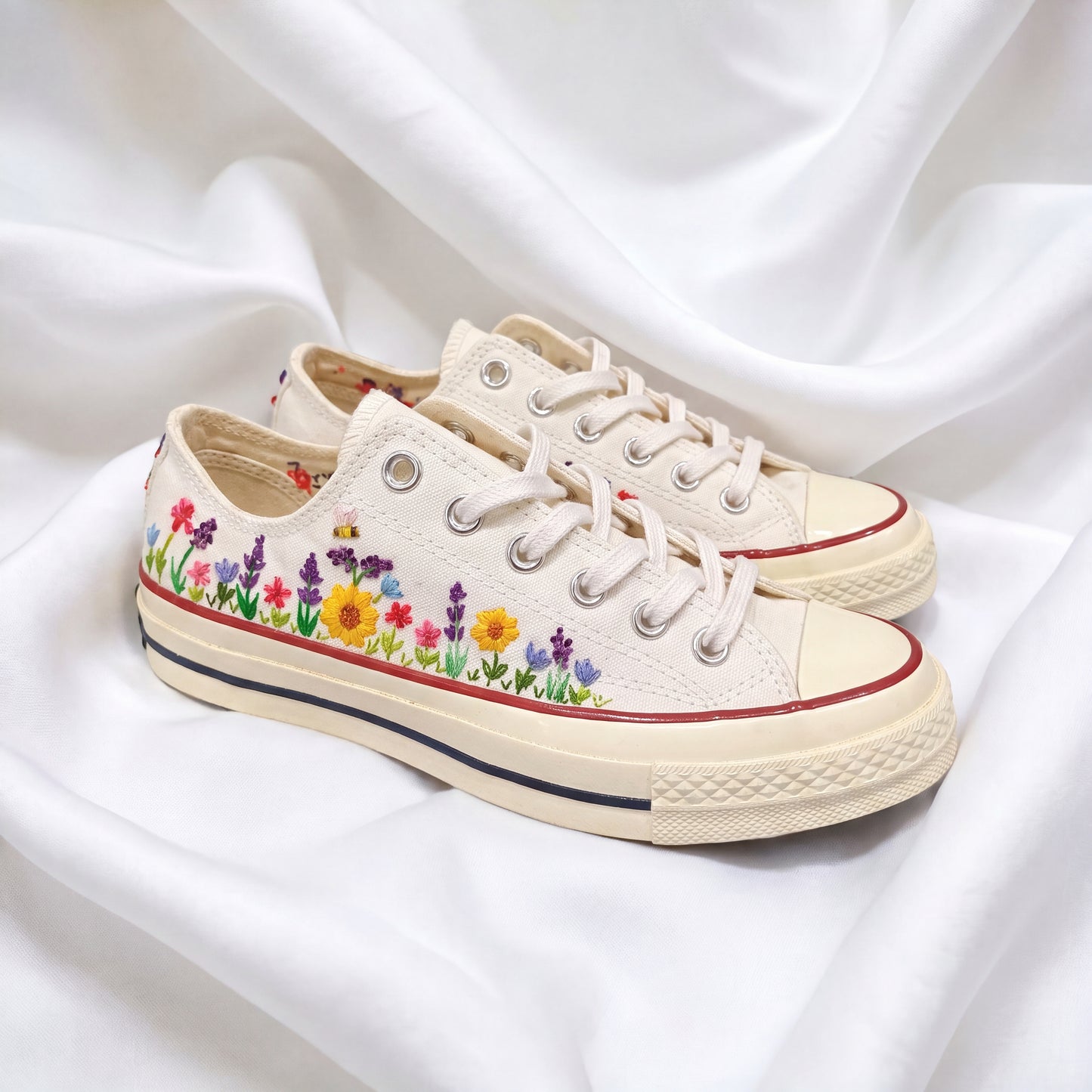 Hand Embroidered White Low Top Converse Sneakers | Personalized Wildflower Canvas Shoes | Custom Floral Wedding Gift for Women