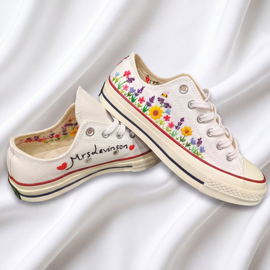 Hand Embroidered White Low Top Converse Sneakers | Personalized Wildflower Canvas Shoes | Custom Floral Wedding Gift for Women