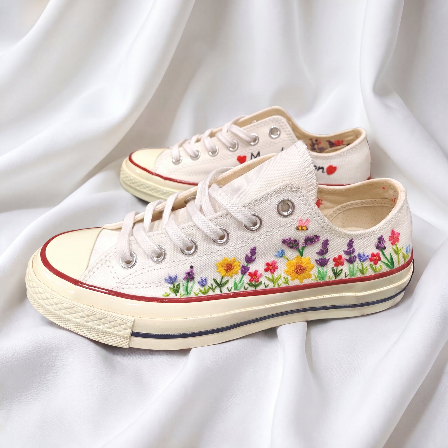 Hand Embroidered White Low Top Converse Sneakers | Personalized Wildflower Canvas Shoes | Custom Floral Wedding Gift for Women
