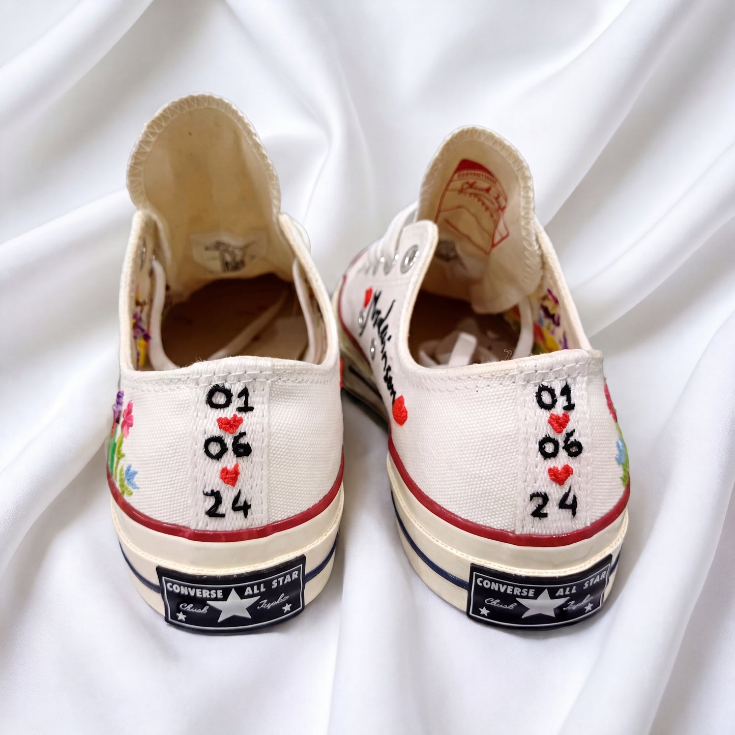 Hand Embroidered White Low Top Converse Sneakers | Personalized Wildflower Canvas Shoes | Custom Floral Wedding Gift for Women