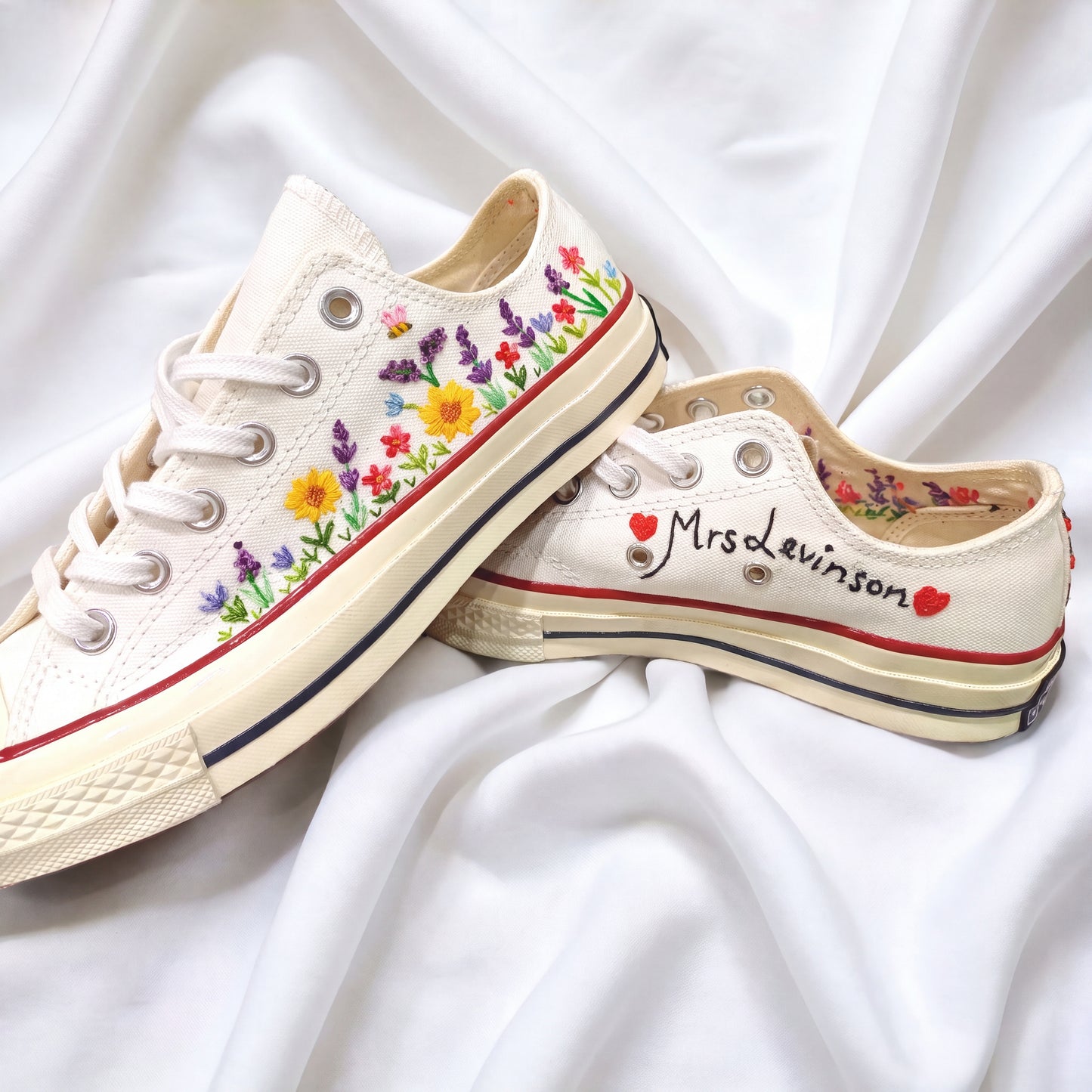 Hand Embroidered White Low Top Converse Sneakers | Personalized Wildflower Canvas Shoes | Custom Floral Wedding Gift for Women