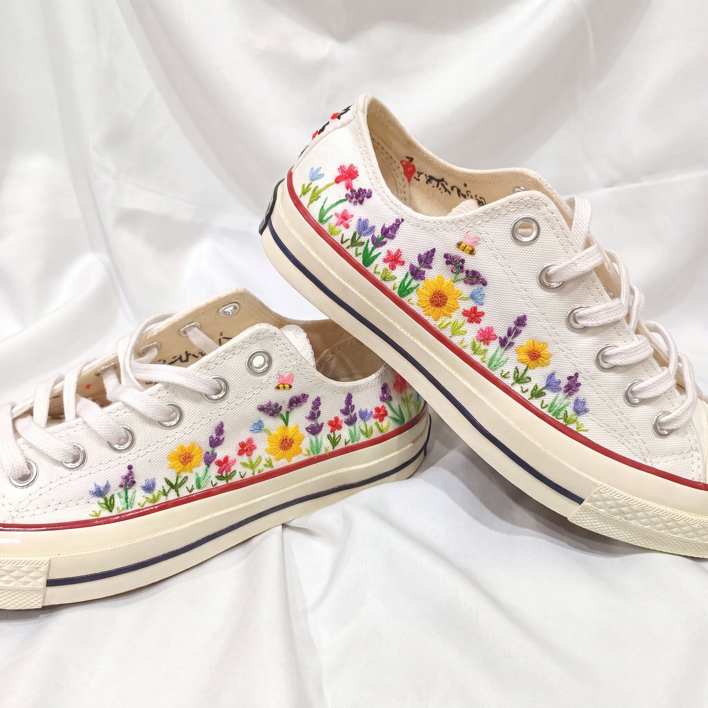 Hand Embroidered White Low Top Converse Sneakers | Personalized Wildflower Canvas Shoes | Custom Floral Wedding Gift for Women
