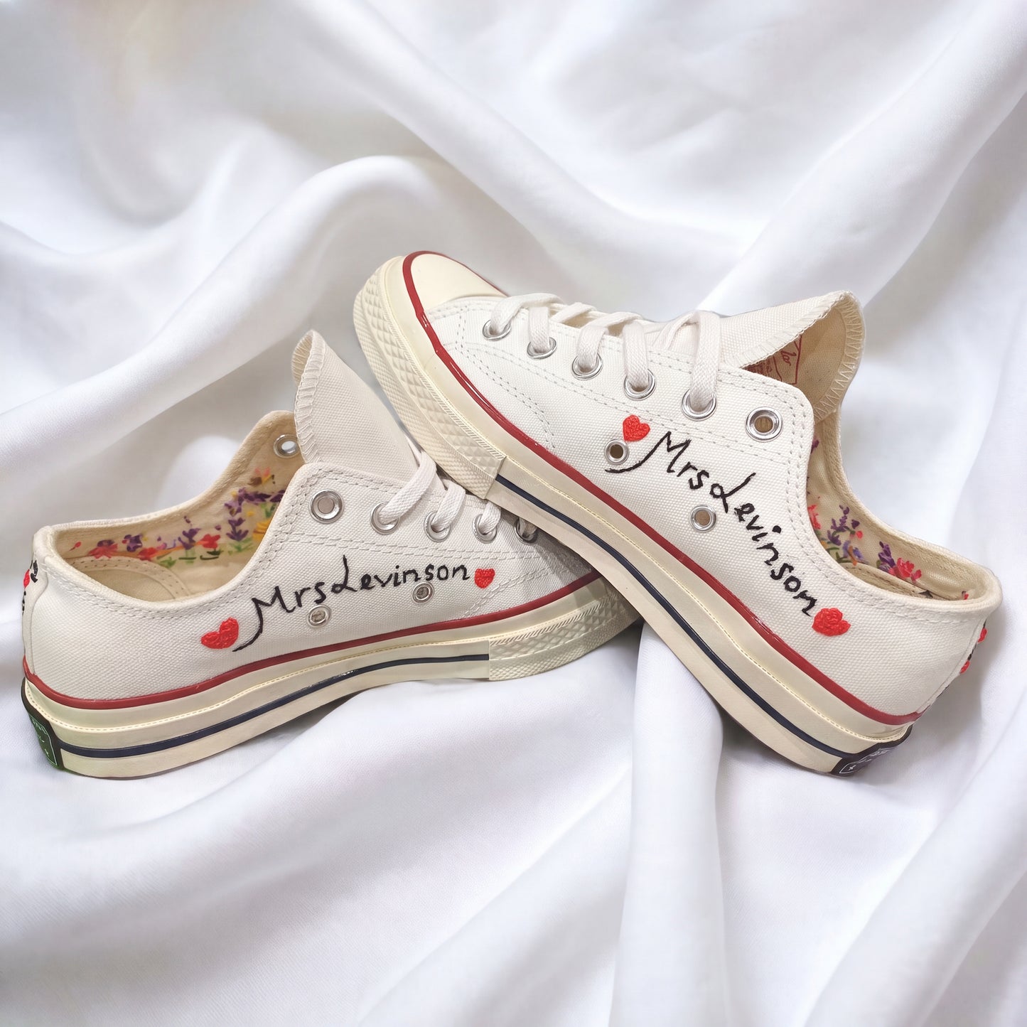 Hand Embroidered White Low Top Converse Sneakers | Personalized Wildflower Canvas Shoes | Custom Floral Wedding Gift for Women
