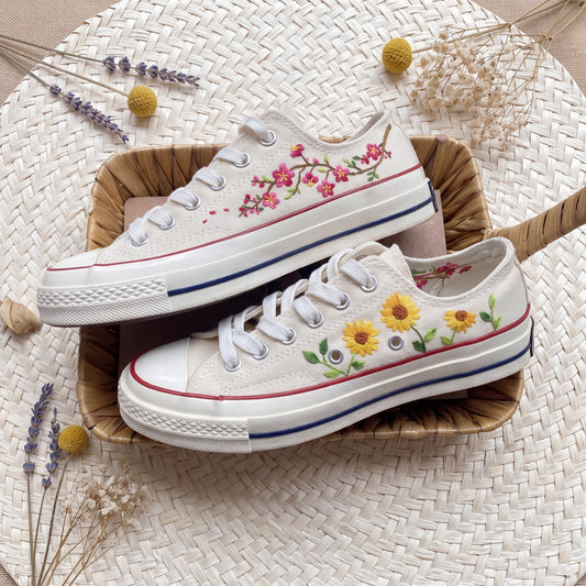 Hand Embroidered White Low Top Converse Sneakers | Sunflower & Cherry Blossom Canvas Shoes | Personalized Botanical Gift for Women