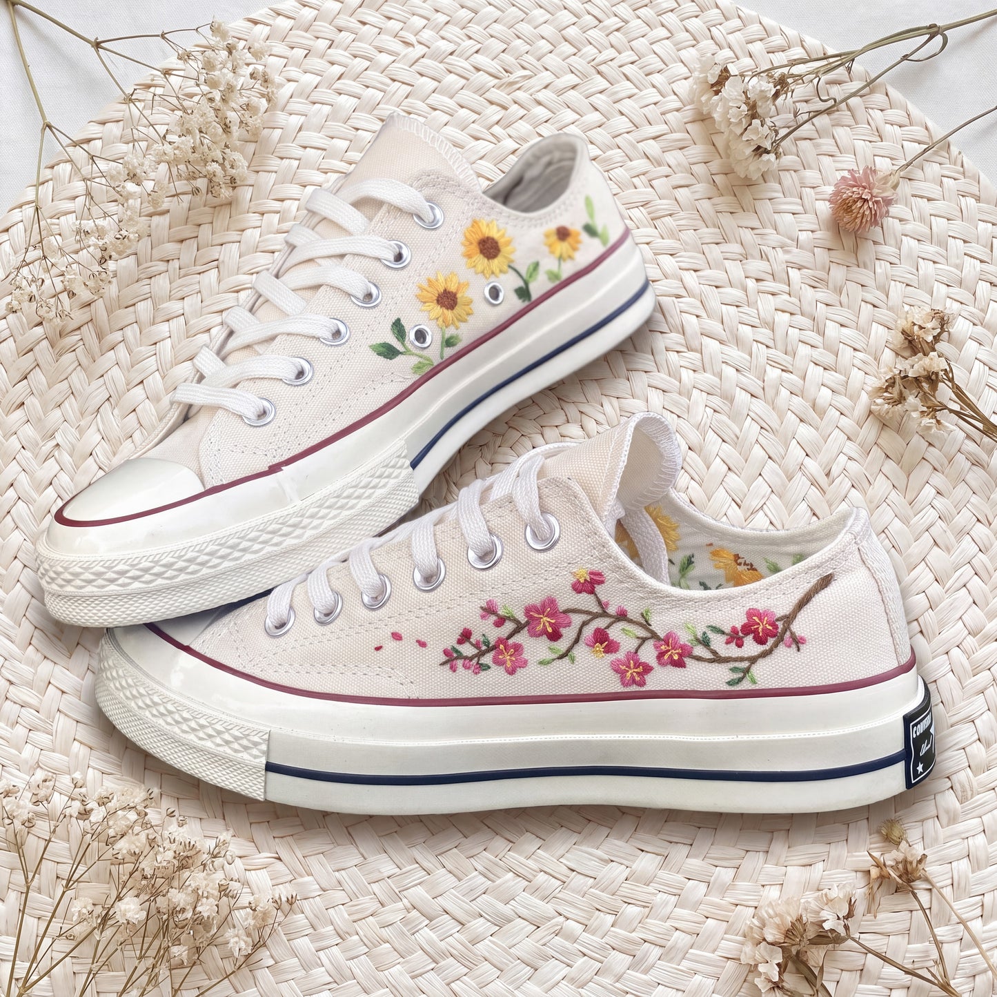 Hand Embroidered White Low Top Converse Sneakers | Sunflower & Cherry Blossom Canvas Shoes | Personalized Botanical Gift for Women