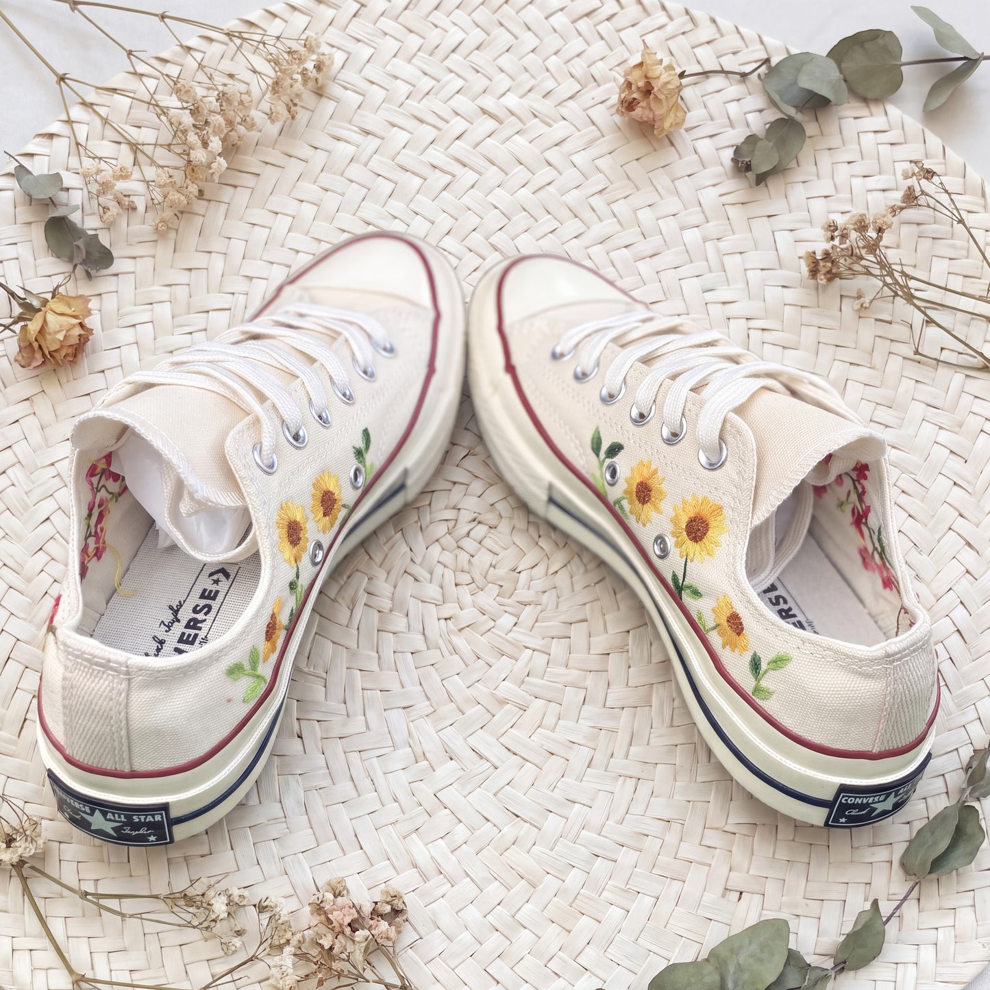 Hand Embroidered White Low Top Converse Sneakers | Sunflower & Cherry Blossom Canvas Shoes | Personalized Botanical Gift for Women