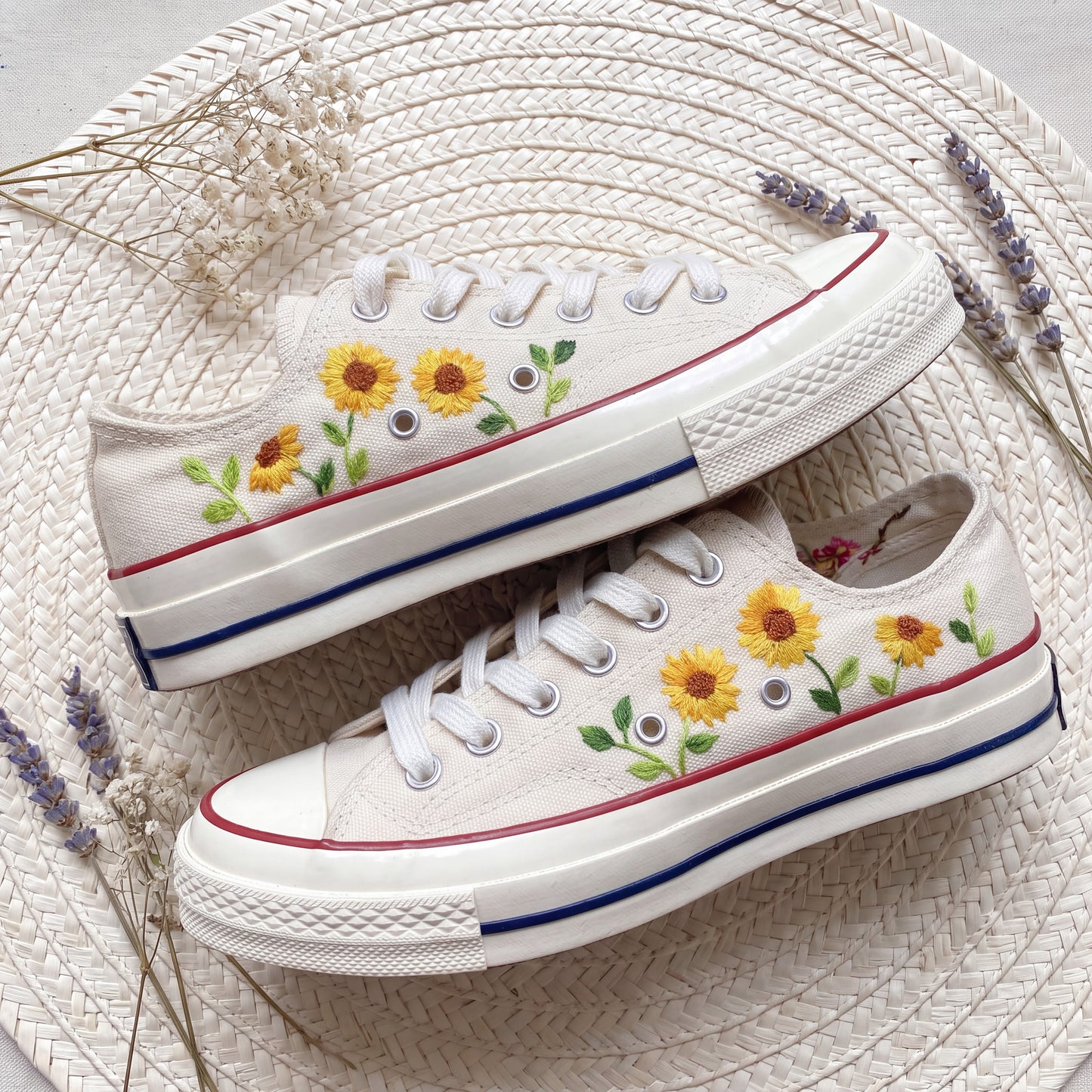 Hand Embroidered White Low Top Converse Sneakers | Sunflower & Cherry Blossom Canvas Shoes | Personalized Botanical Gift for Women