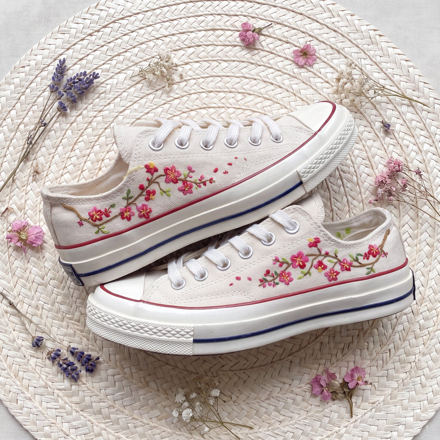 Hand Embroidered White Low Top Converse Sneakers | Sunflower & Cherry Blossom Canvas Shoes | Personalized Botanical Gift for Women
