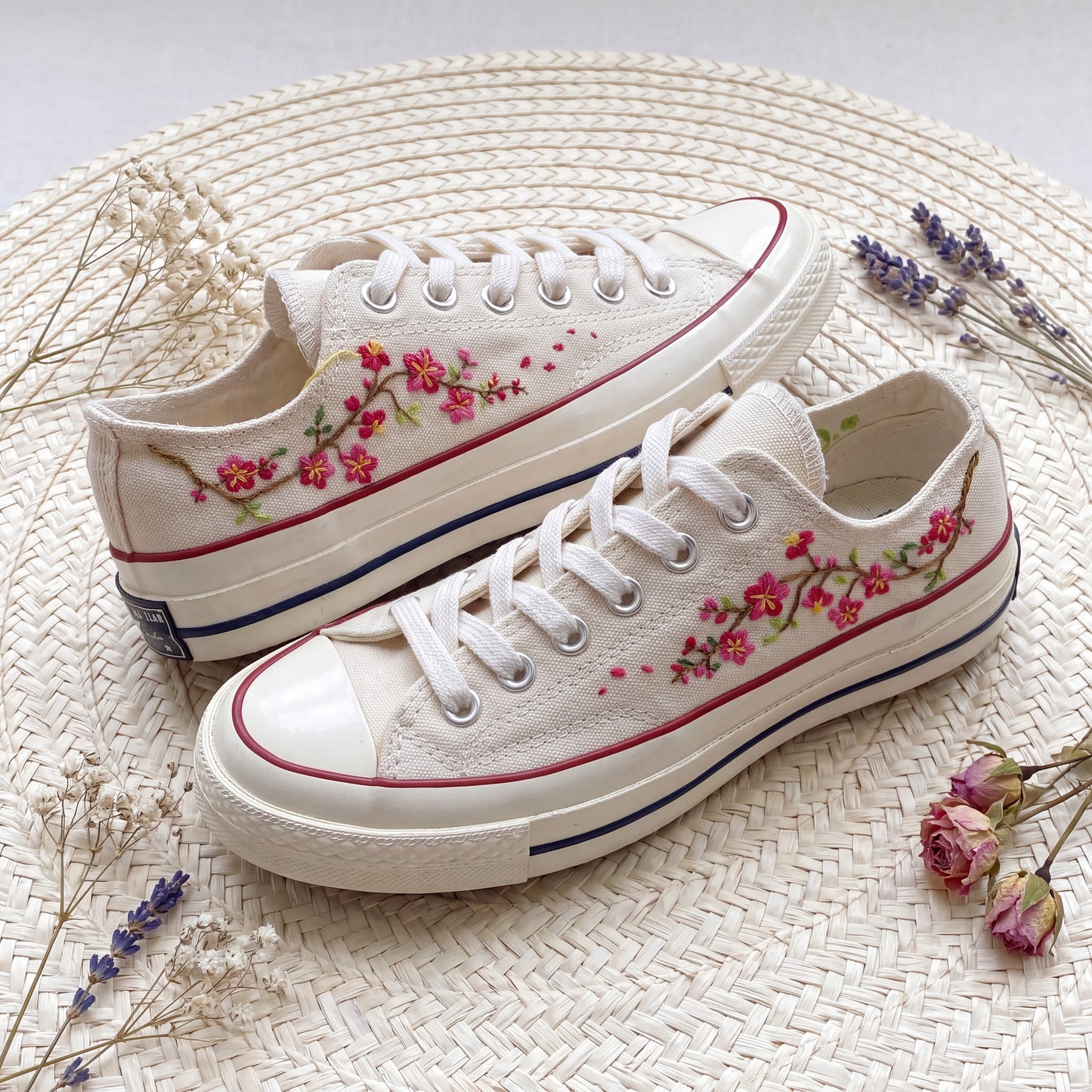 Hand Embroidered White Low Top Converse Sneakers | Sunflower & Cherry Blossom Canvas Shoes | Personalized Botanical Gift for Women