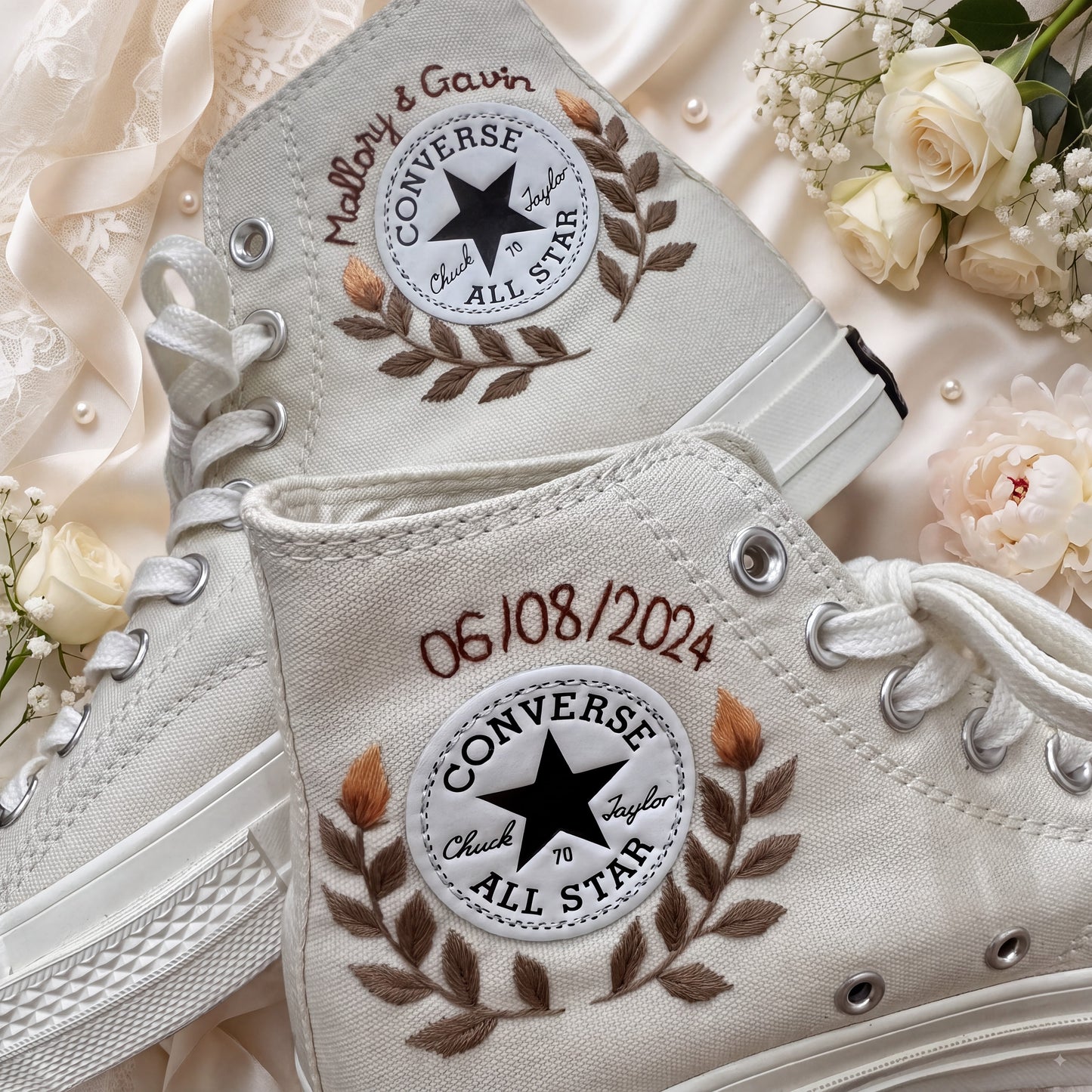 Hand Embroidered Wildflower Bridal Converse Shoes | Custom Botanical Wedding Sneakers | Personalized White Converse Gift for Bride