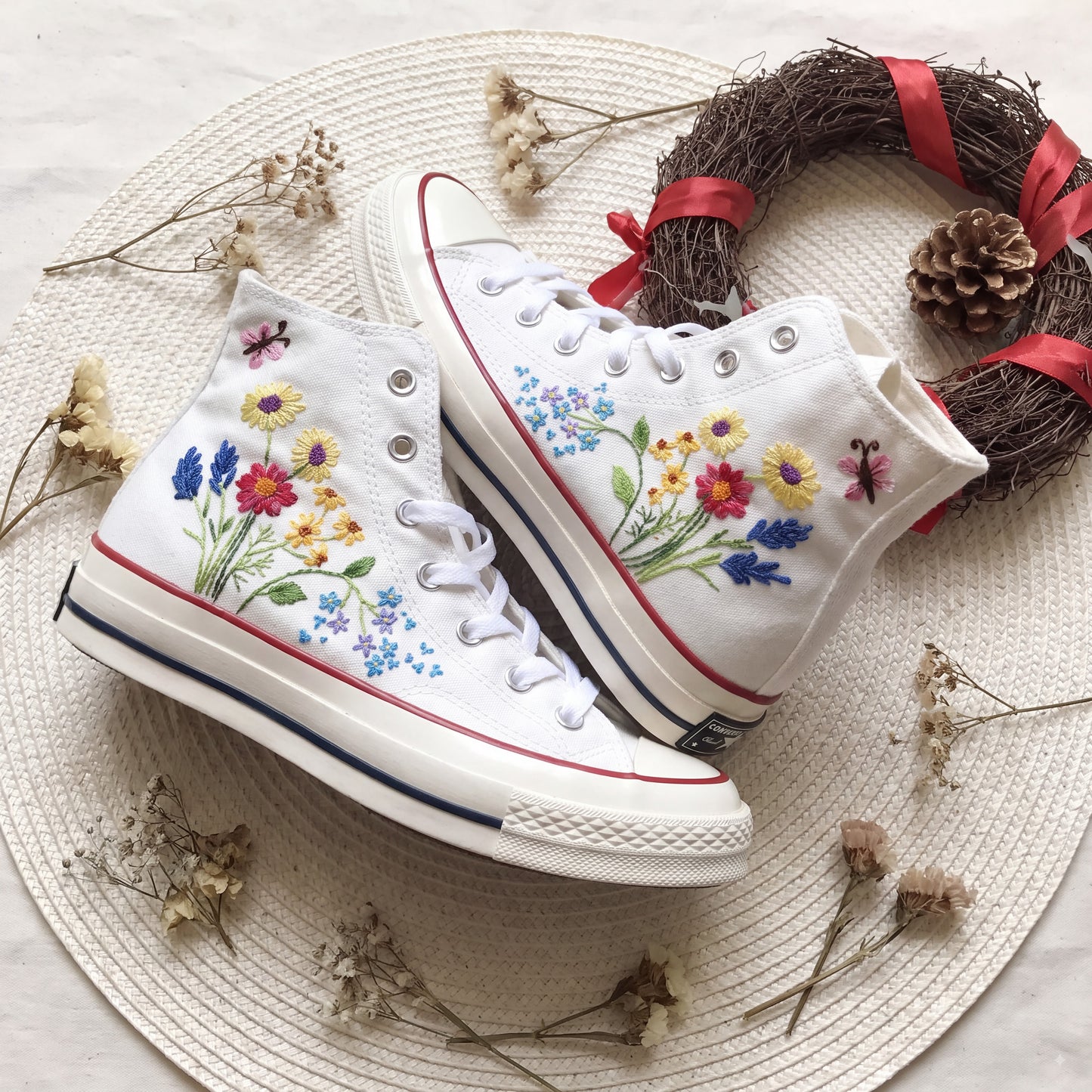 Hand Embroidered Wildflower Converse High Top Sneakers | Custom White Converse Shoes | Colorful Floral Canvas Shoes | Handmade Gift for Women