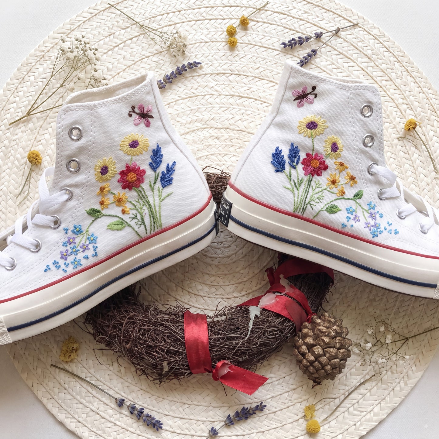 Hand Embroidered Wildflower Converse High Top Sneakers | Custom White Converse Shoes | Colorful Floral Canvas Shoes | Handmade Gift for Women