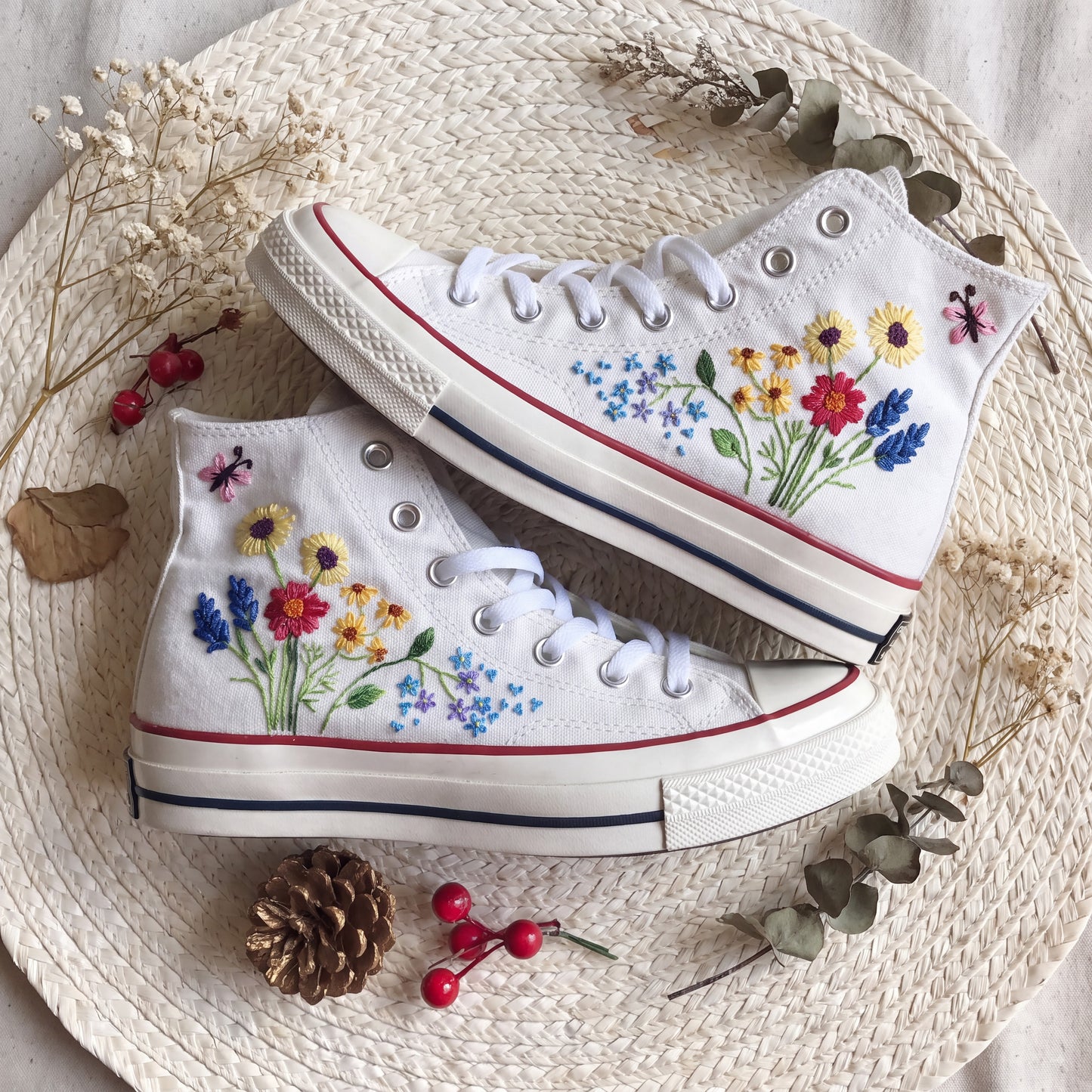 Hand Embroidered Wildflower Converse High Top Sneakers | Custom White Converse Shoes | Colorful Floral Canvas Shoes | Handmade Gift for Women