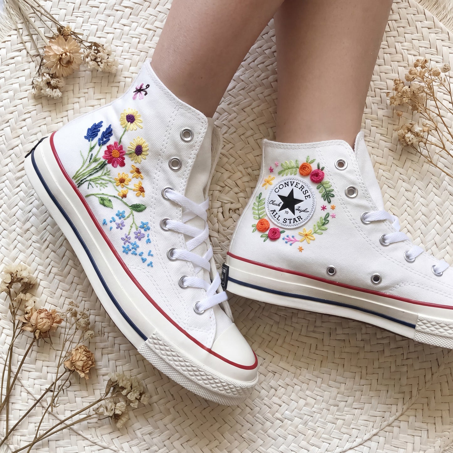 Hand Embroidered Wildflower Converse High Top Sneakers | Custom White Converse Shoes | Colorful Floral Canvas Shoes | Handmade Gift for Women