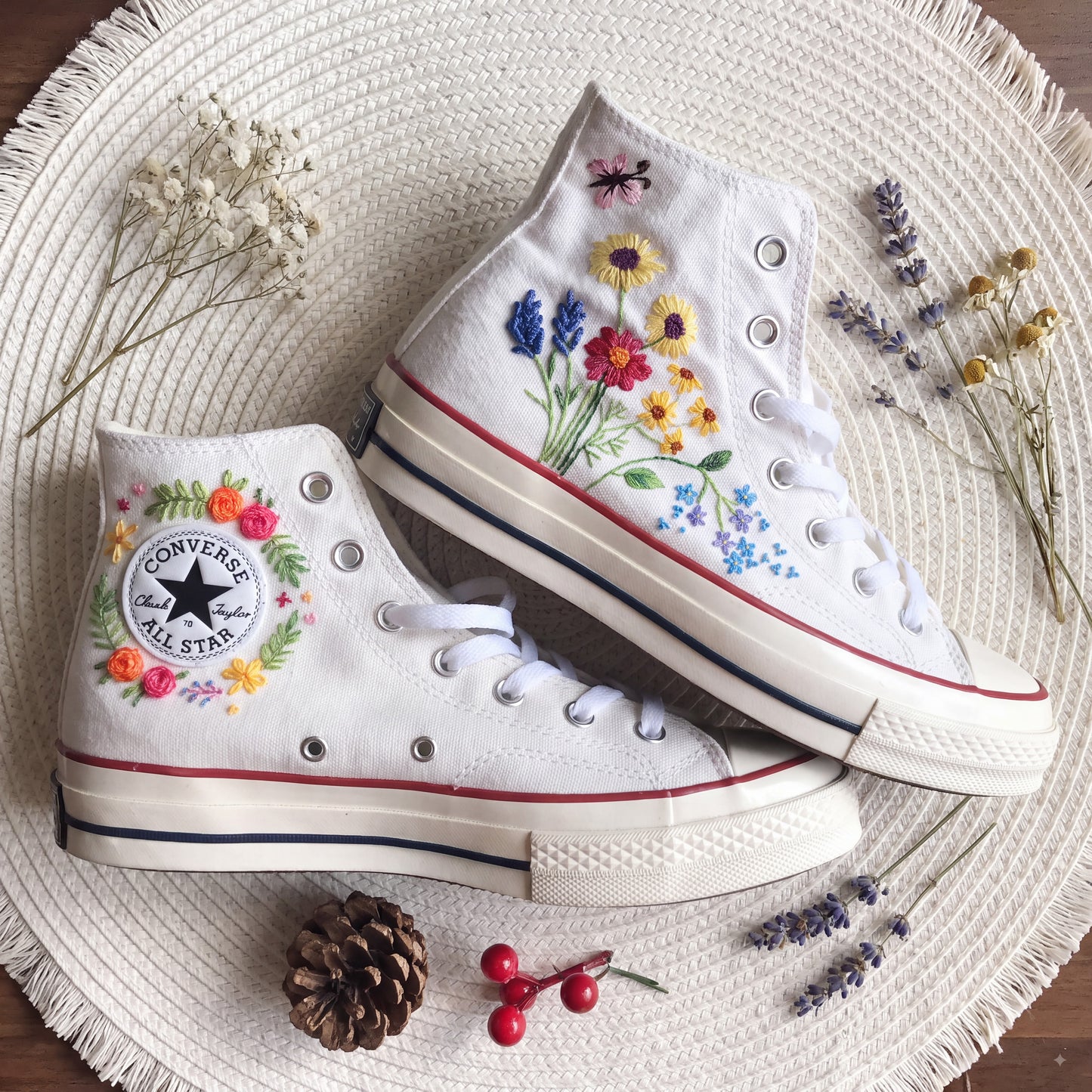 Hand Embroidered Wildflower Converse High Top Sneakers | Custom White Converse Shoes | Colorful Floral Canvas Shoes | Handmade Gift for Women