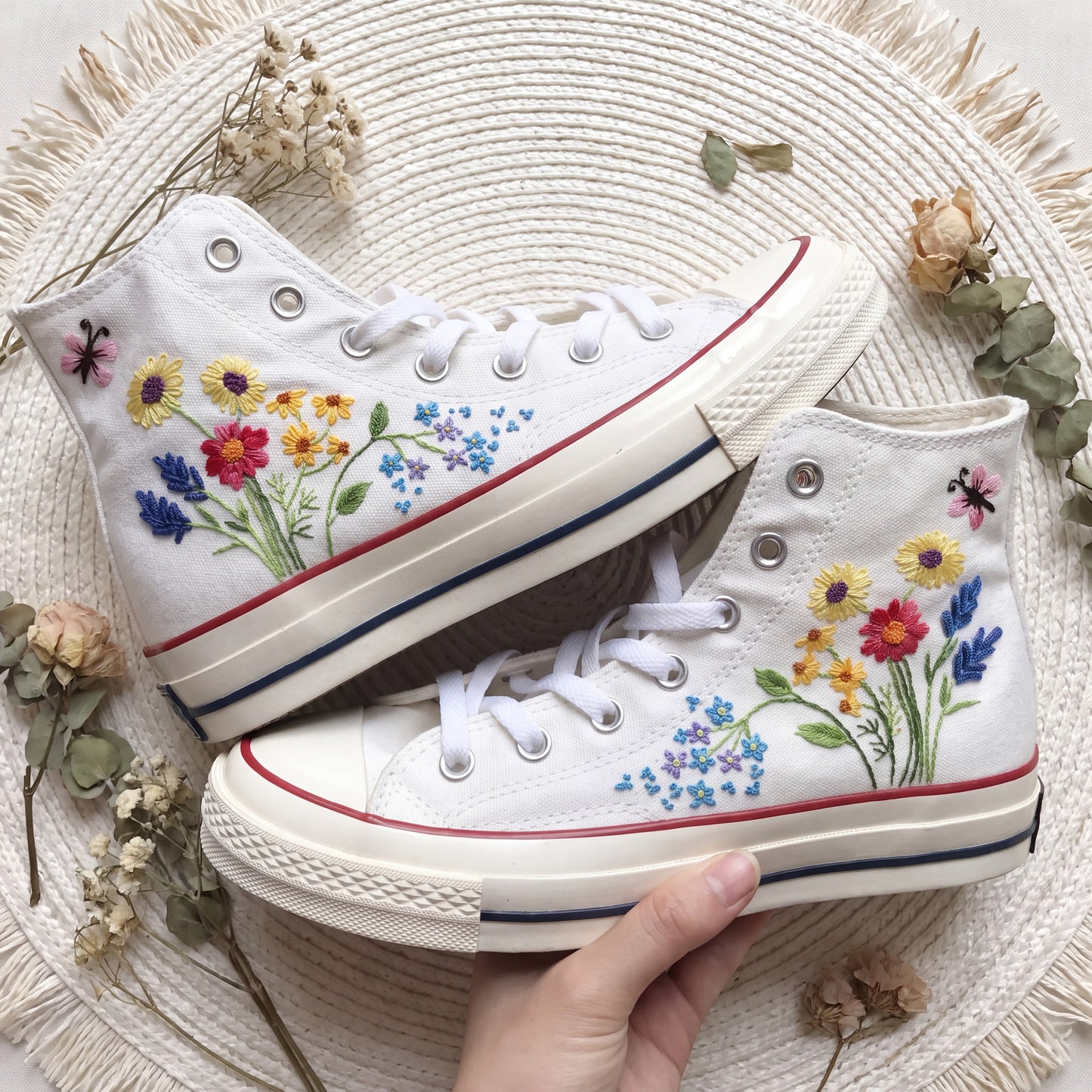 Hand Embroidered Wildflower Converse High Top Sneakers | Custom White Converse Shoes | Colorful Floral Canvas Shoes | Handmade Gift for Women