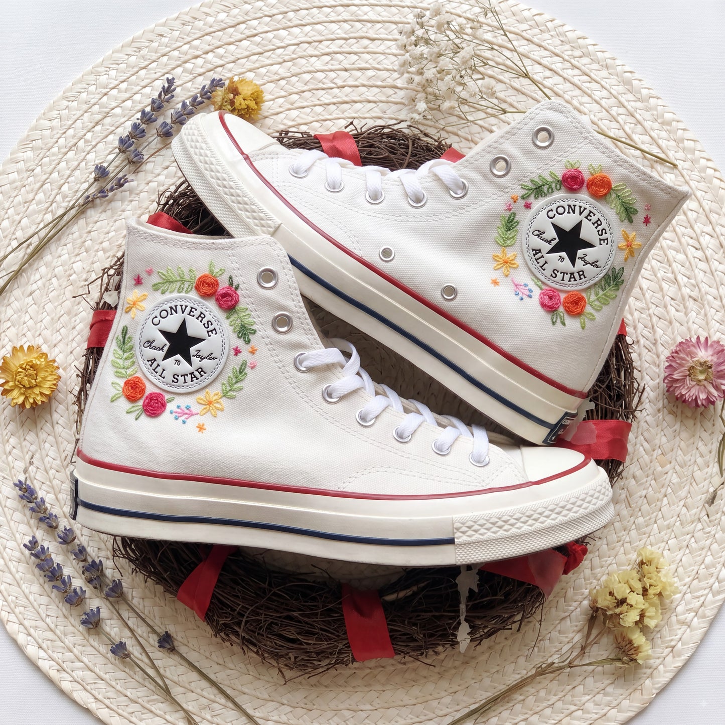 Hand Embroidered Wildflower Converse High Top Sneakers | Custom White Converse Shoes | Colorful Floral Canvas Shoes | Handmade Gift for Women