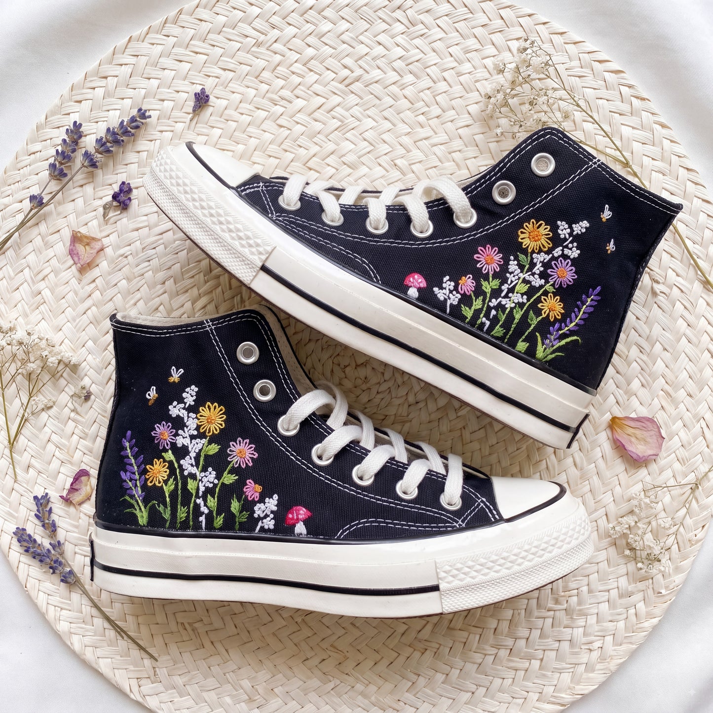 Hand Embroidered Wildflower & Lavender Converse High Top Sneakers | Custom Black Converse Shoes | Botanical Floral Canvas Shoes | Handmade Gift