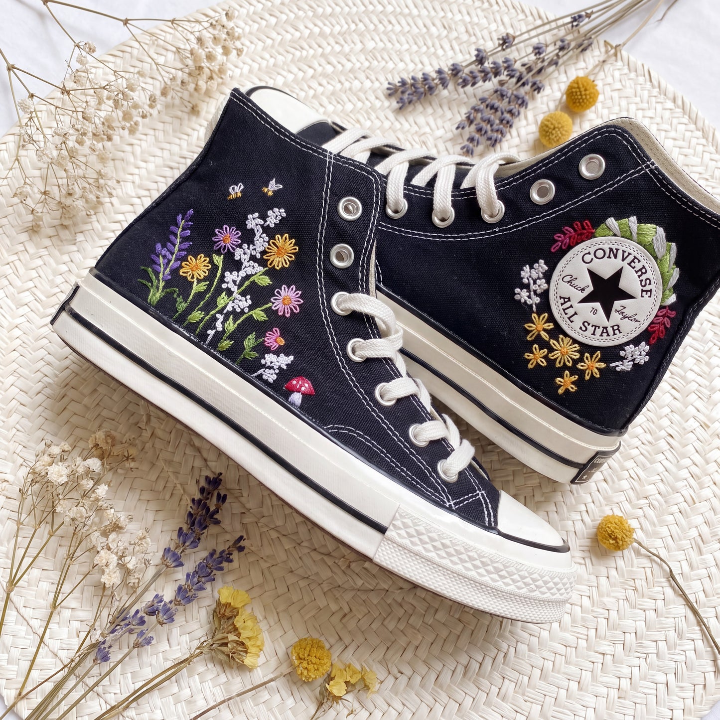 Hand Embroidered Wildflower & Lavender Converse High Top Sneakers | Custom Black Converse Shoes | Botanical Floral Canvas Shoes | Handmade Gift