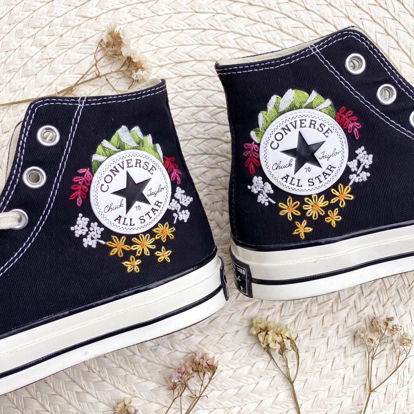Hand Embroidered Wildflower & Lavender Converse High Top Sneakers | Custom Black Converse Shoes | Botanical Floral Canvas Shoes | Handmade Gift