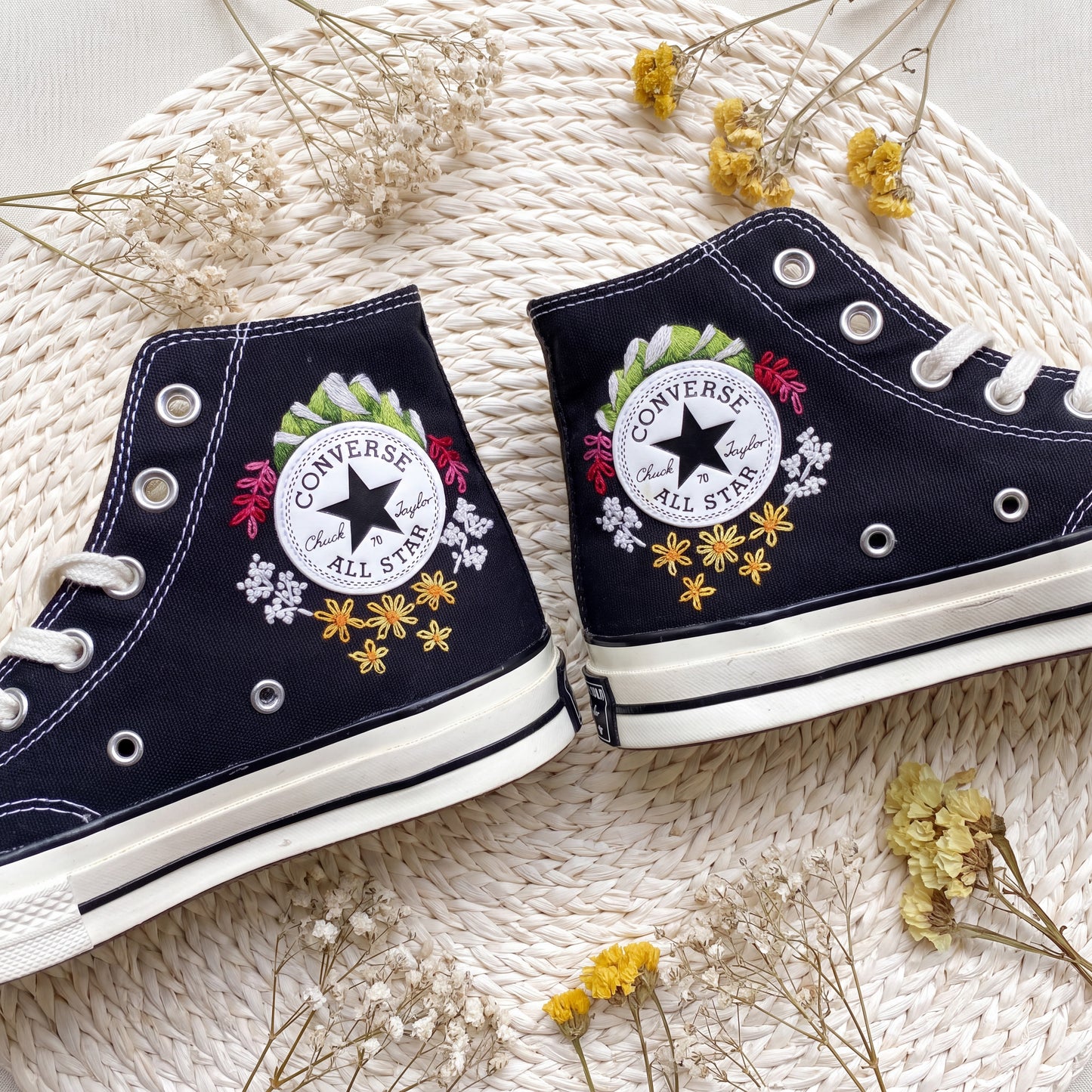 Hand Embroidered Wildflower & Lavender Converse High Top Sneakers | Custom Black Converse Shoes | Botanical Floral Canvas Shoes | Handmade Gift