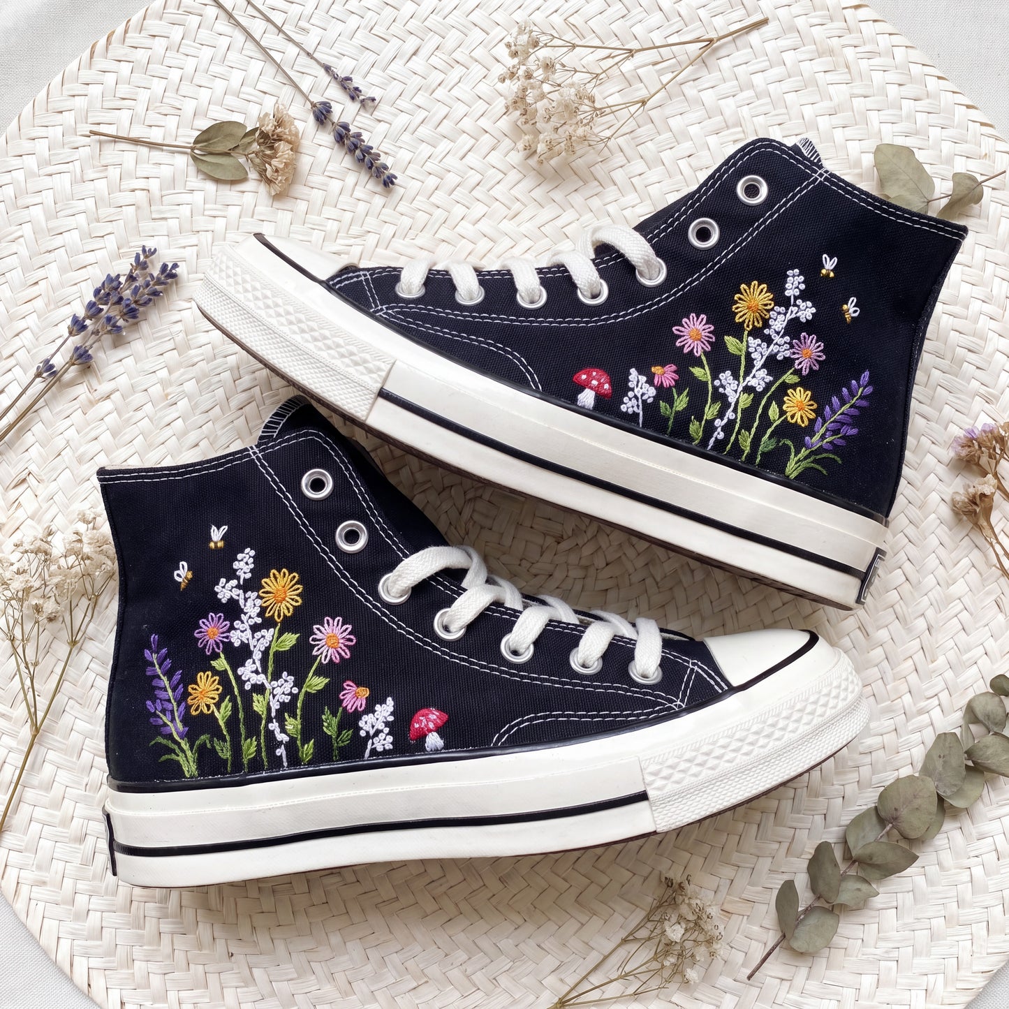 Hand Embroidered Wildflower & Lavender Converse High Top Sneakers | Custom Black Converse Shoes | Botanical Floral Canvas Shoes | Handmade Gift