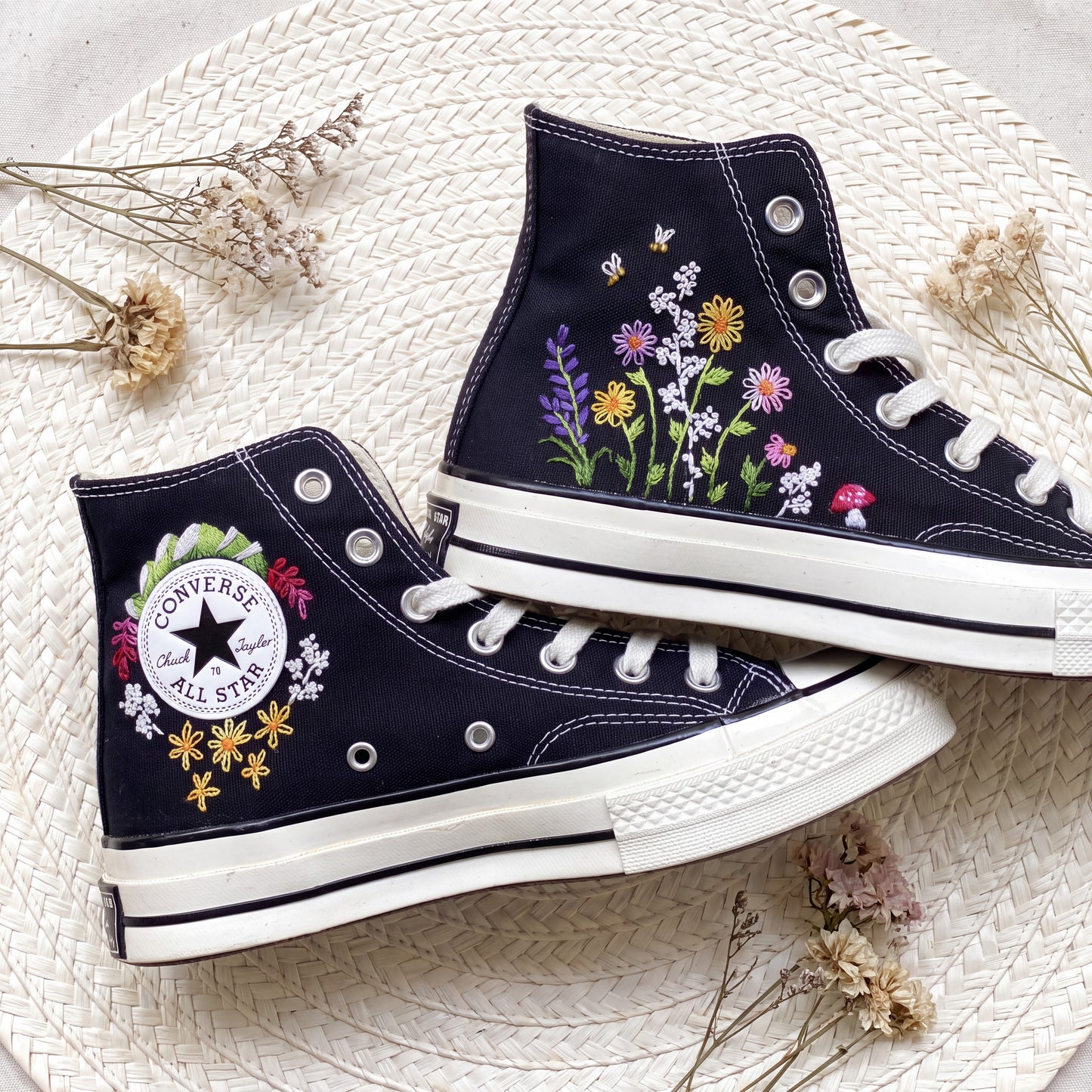 Hand Embroidered Wildflower & Lavender Converse High Top Sneakers | Custom Black Converse Shoes | Botanical Floral Canvas Shoes | Handmade Gift