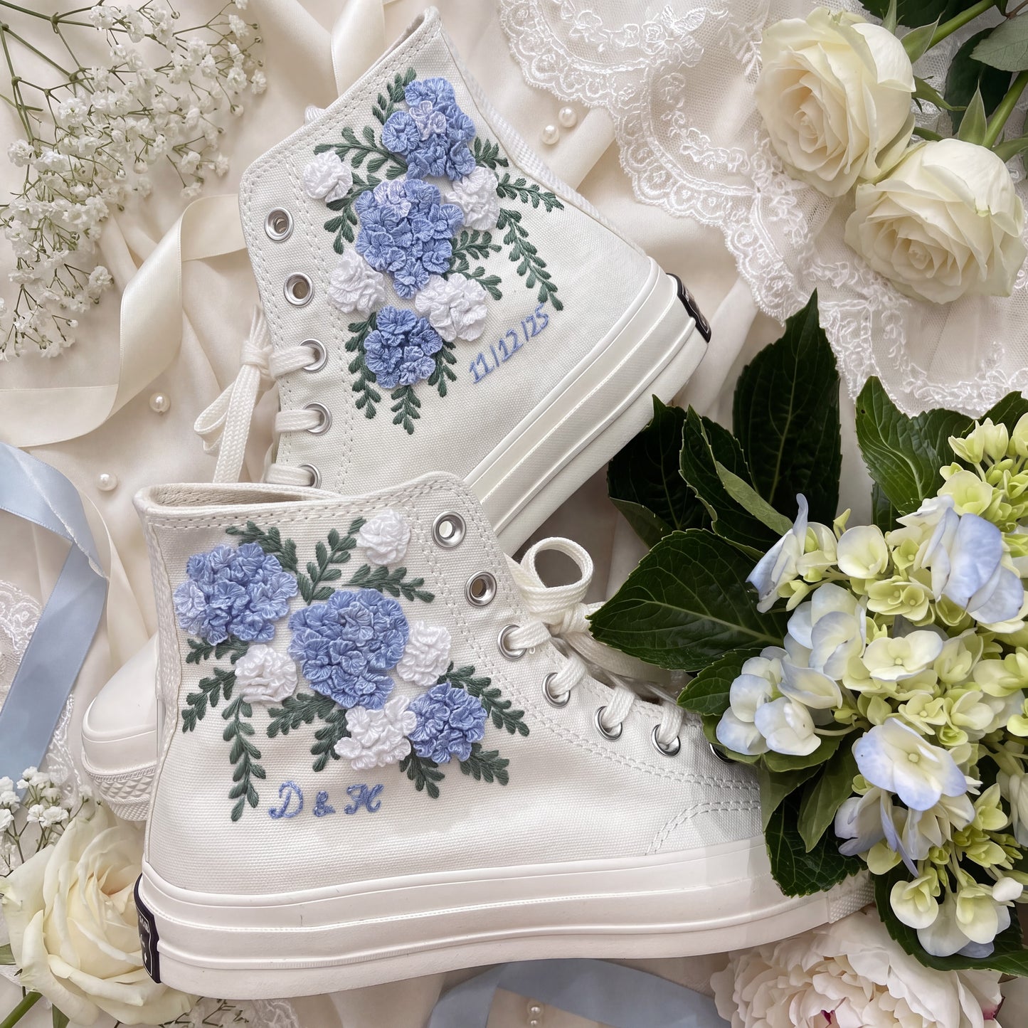 Hand Embroidered Bridal Converse Shoes | Custom Blue Hydrangea Wedding Sneakers | Personalized White Converse Gift for Bride