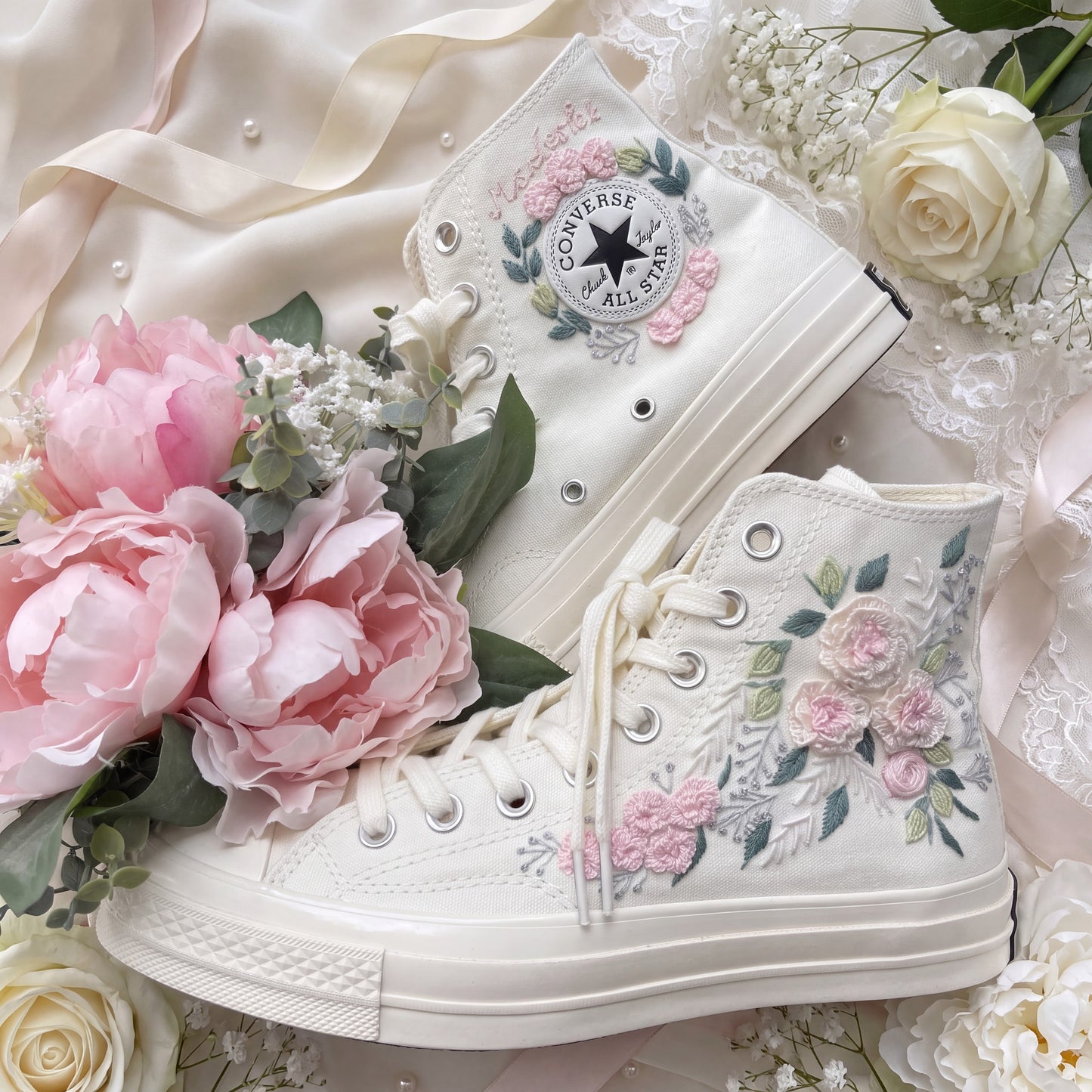 Hand Embroidered Bridal Converse Shoes | Custom Blush Pink Rose Wedding Sneakers | Personalized White Converse Gift for Bride