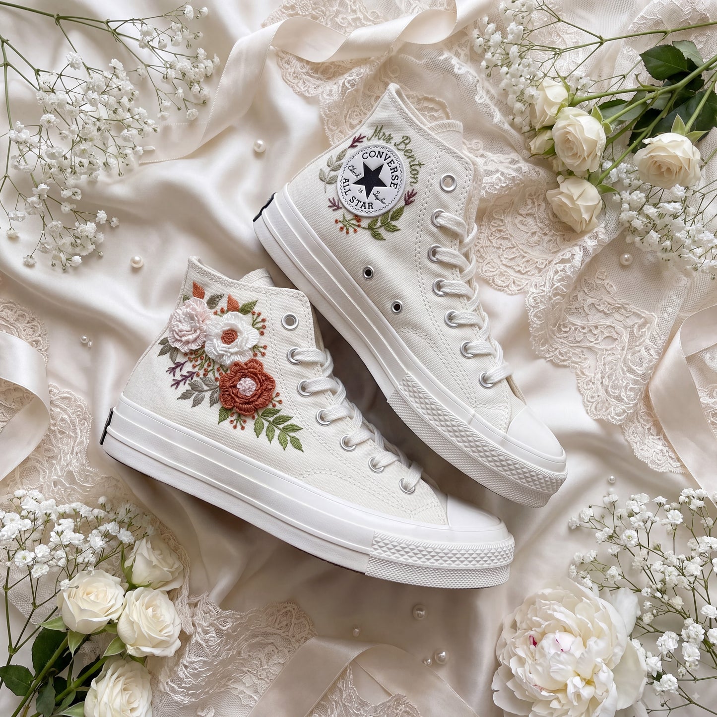 Hand Embroidered Bridal Converse Shoes | Custom Blush & Terracotta Floral Wedding Sneakers | Personalized White Converse Gift for Bride