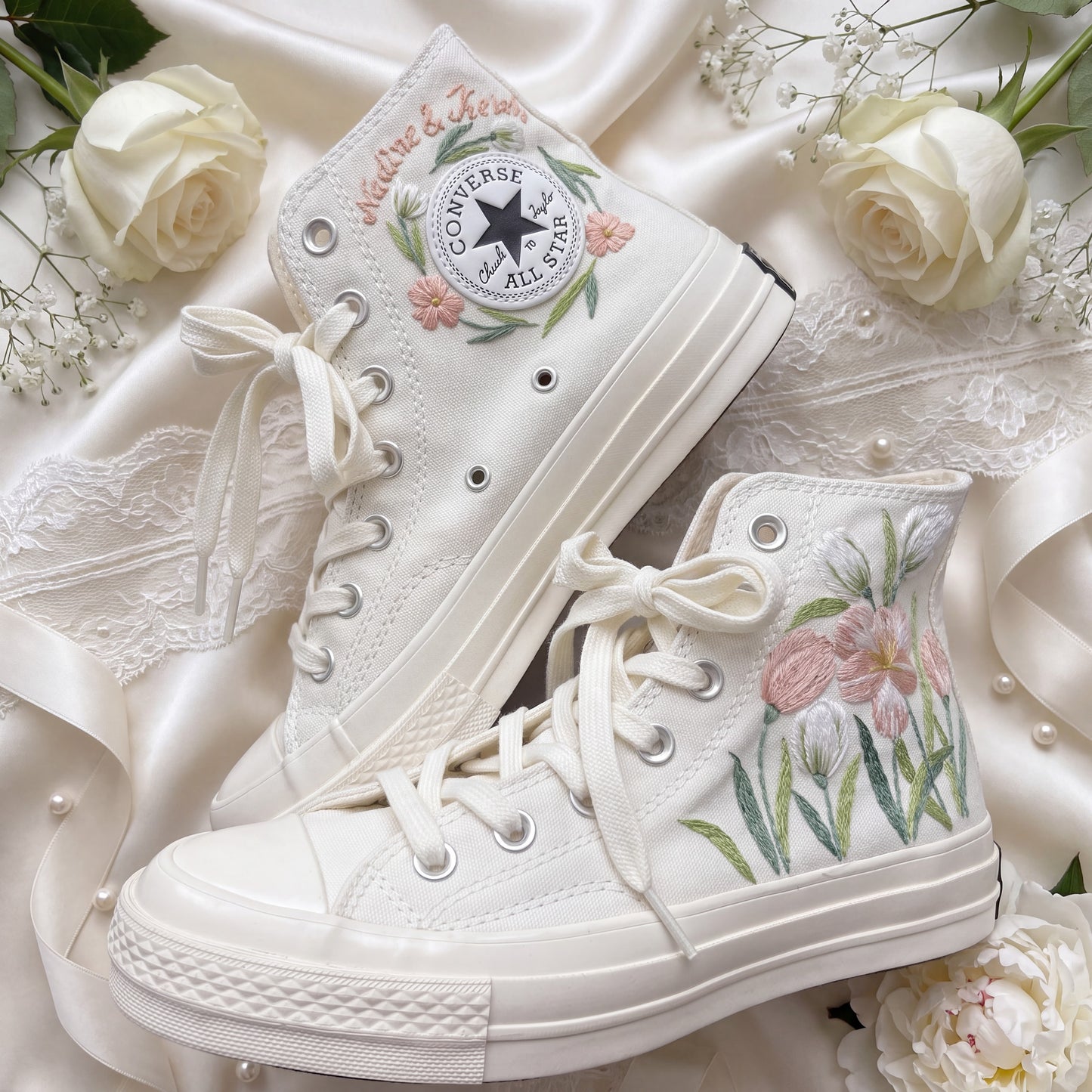 Hand Embroidered Bridal Converse Shoes | Custom Blush Wildflower Wedding Sneakers | Personalized White Converse Gift for Bride