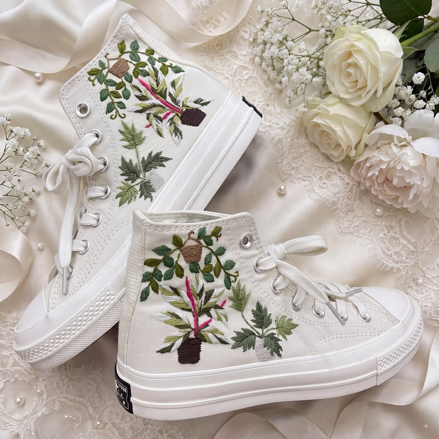 Hand Embroidered Botanical Bridal Converse Shoes | Custom Plant Lover Wedding Sneakers | Personalized White Converse Gift for Bride