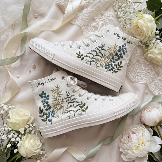 Hand Embroidered Bridal Converse Shoes | Custom Botanical Greenery Wedding Sneakers | Personalized White Converse Gift for Bride