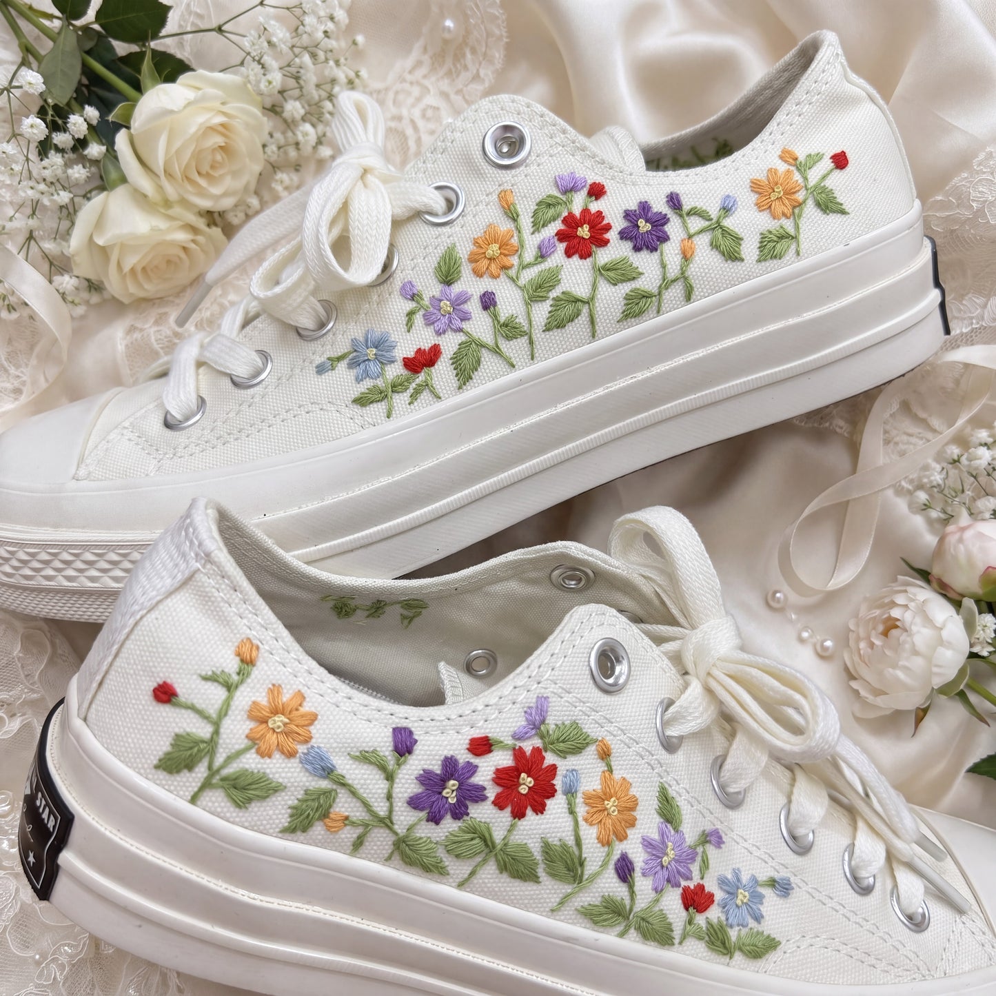 Hand Embroidered Bridal Converse Shoes | Custom Colorful Wildflower Wedding Sneakers | Personalized White Converse Gift for Bride