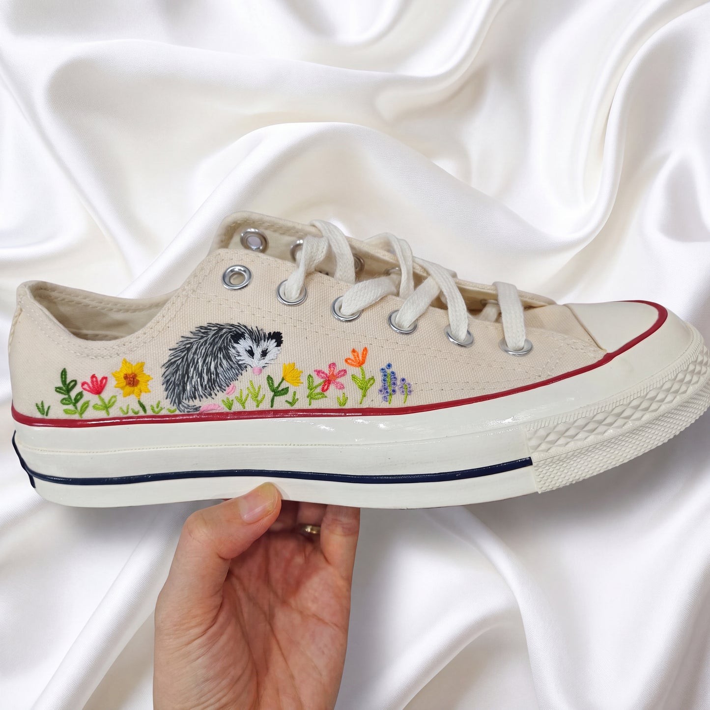 Hand Embroidered Opossum Converse Shoes | Custom Floral White Converse Sneakers | Personalized Gift for Women