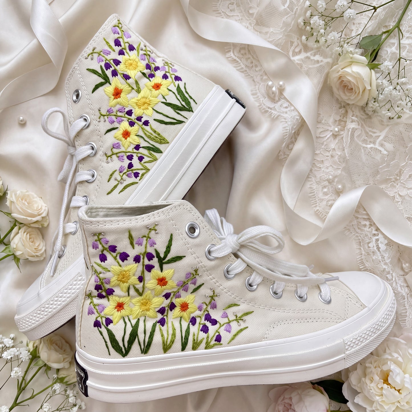 Hand Embroidered Bridal Converse Shoes | Custom Daffodil & Lavender Wedding Sneakers | Personalized White Converse Gift for Bride