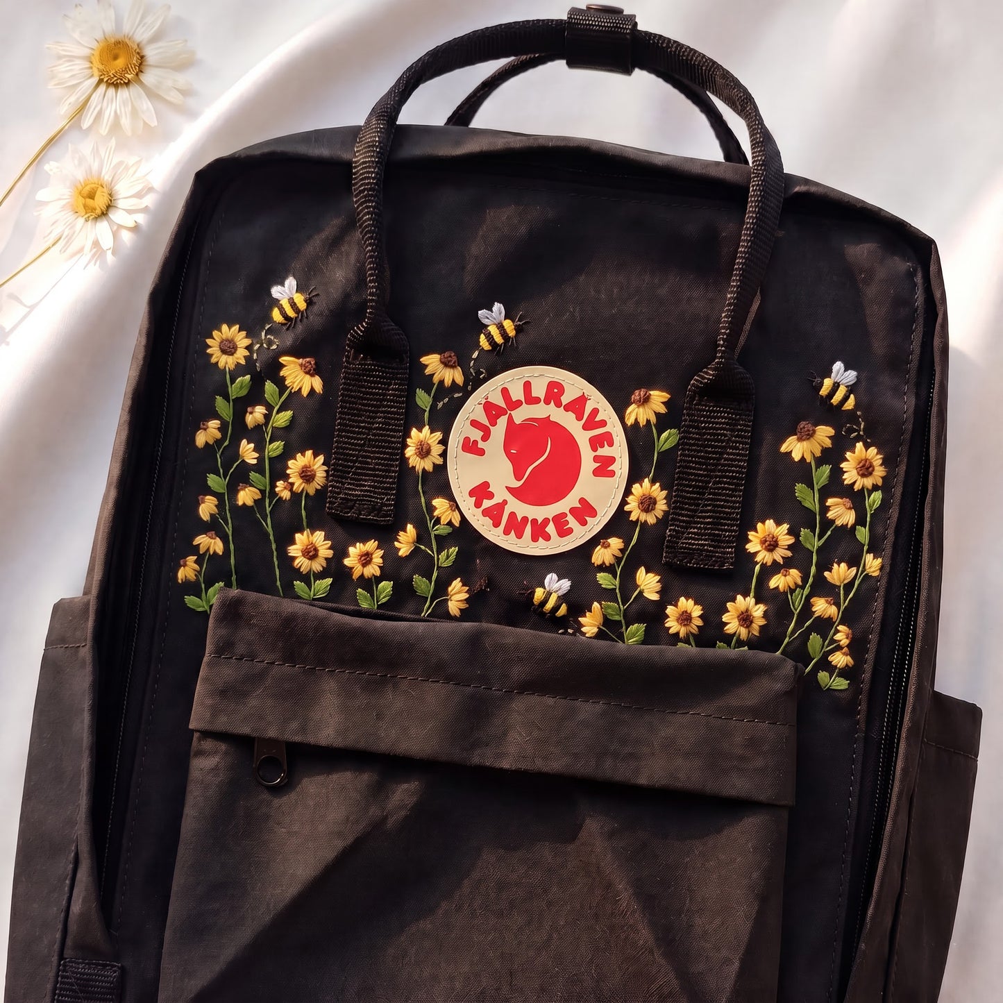 Personalized Fjallraven Kanken Sunflower Backpack | Embroidered Wildflower & Bee Kanken Bag | Handmade Floral Backpack | Garden Lover Gift