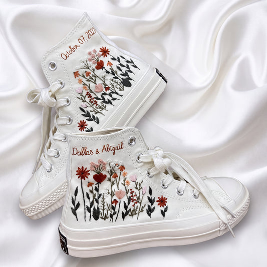 Hand Embroidered High Top Bridal Converse Shoes | Custom Wildflower Wedding Sneakers | Personalized White Converse Gift for Bride