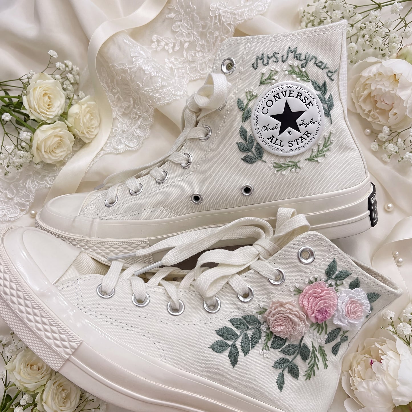 Hand Embroidered Bridal Converse Shoes | Custom Rose Floral Wedding Sneakers | Personalized White Converse Gift for Bride