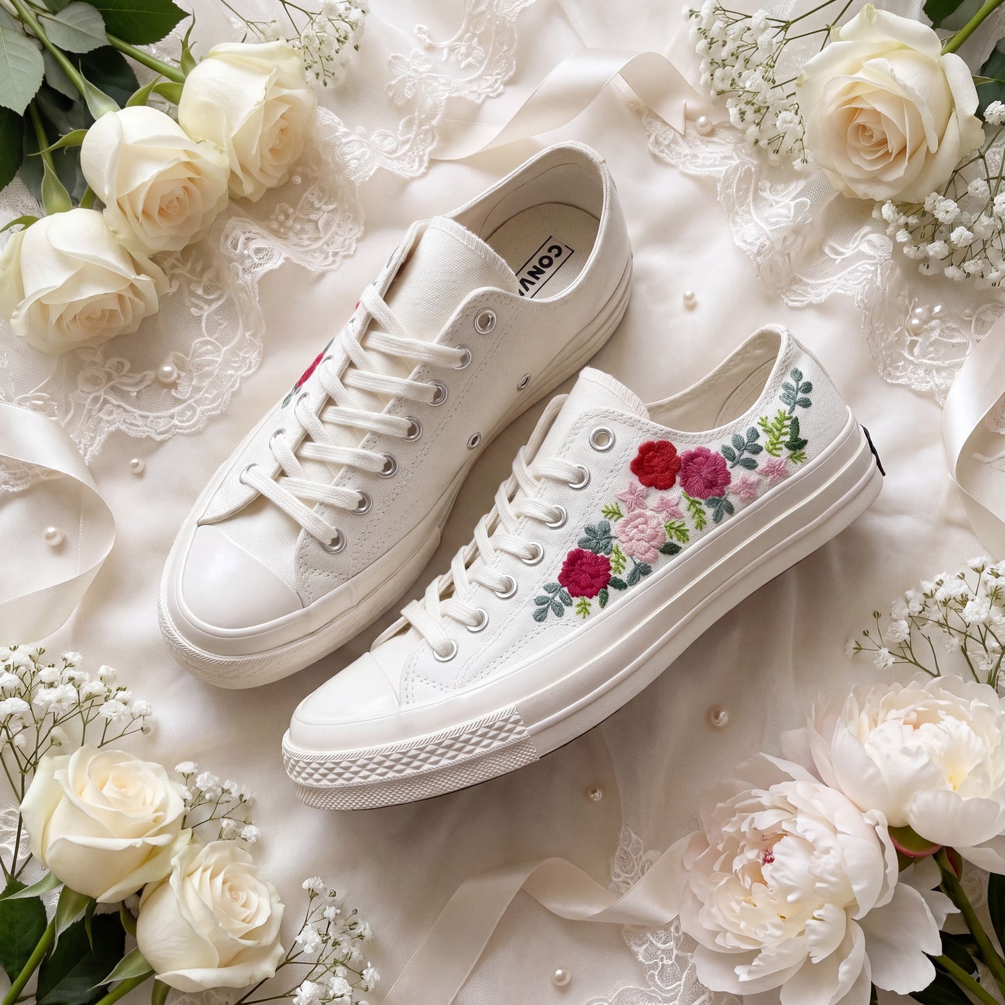 Hand Embroidered Bridal Converse Shoes | Custom Floral Wedding Sneakers | Personalized White Converse Gift for Bride