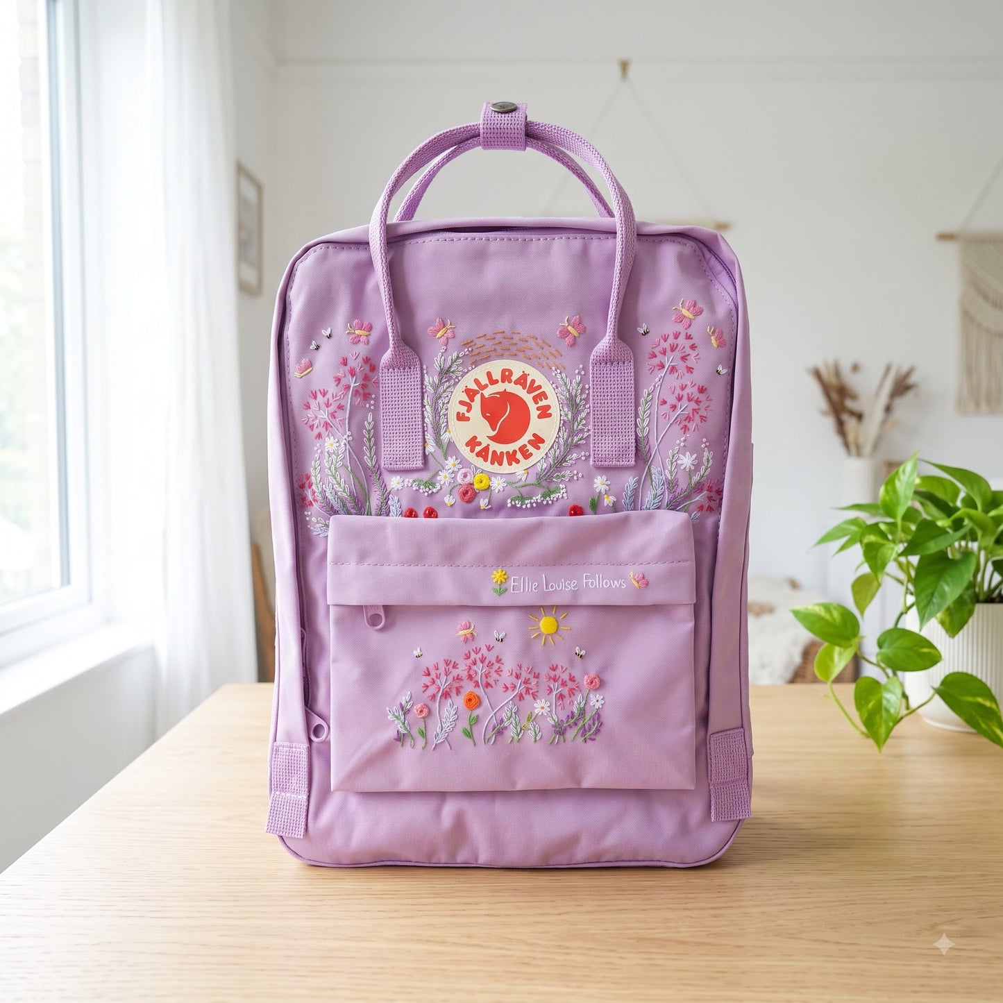Kanken Backpack Embroidered with Dandelion Flowers / Fjallraven kanken embroidery design Dandelion flowers/ Butterfly and flower embroidered