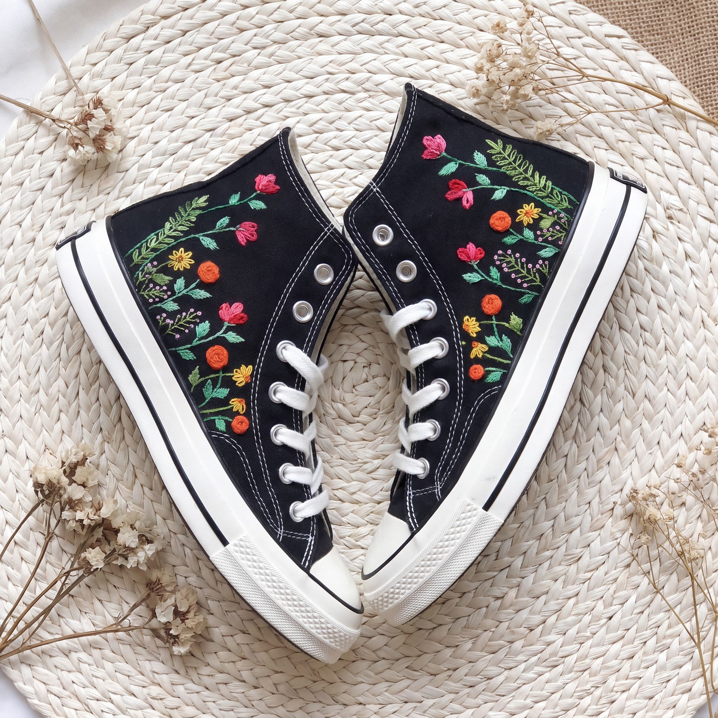 Hand Embroidered High Top Converse Shoes | Custom Rose Floral Sneakers | Personalized Black Canvas Converse Gift