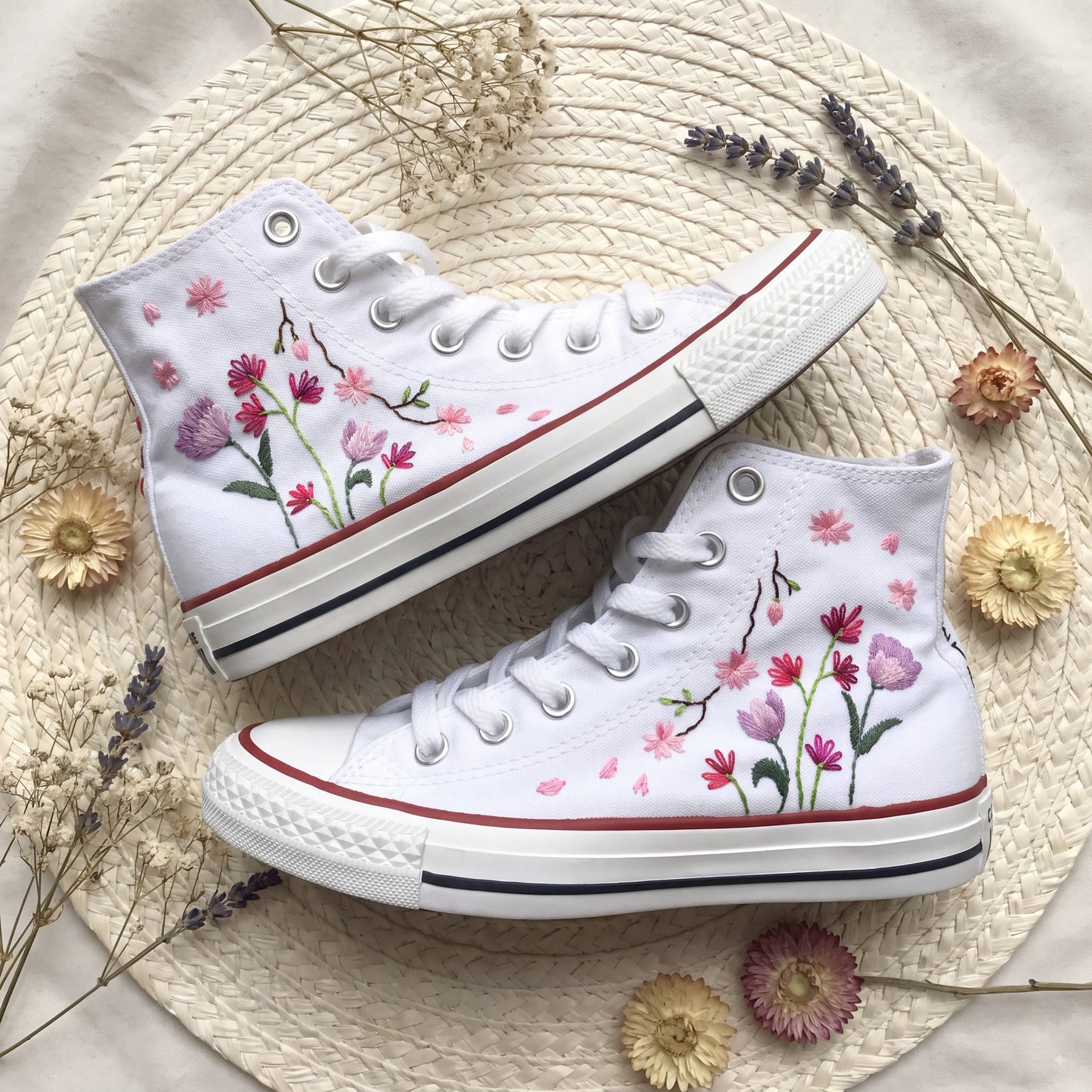 Hand Embroidered High Top Converse Shoes | Custom Tulip & Cherry Blossom Sneakers | Personalized White Canvas Converse Gift