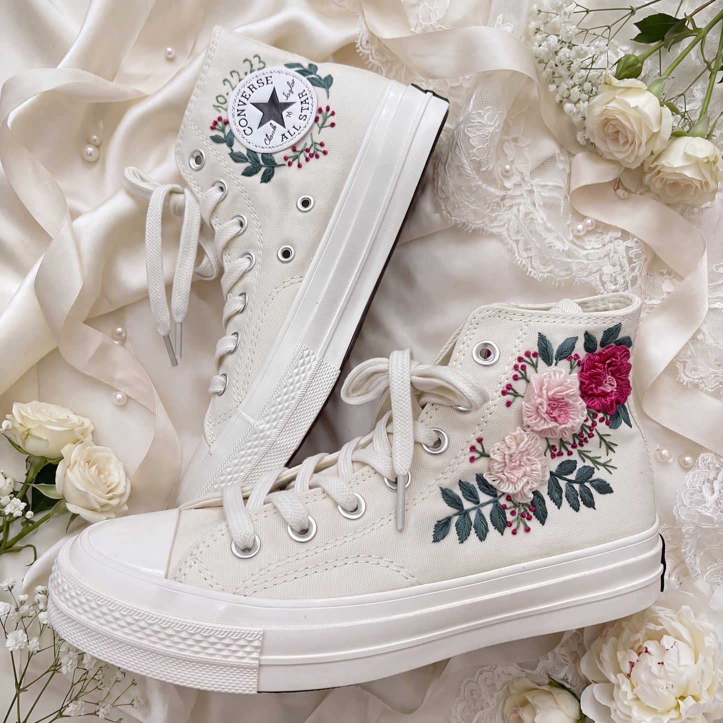 Hand Embroidered High Top Bridal Converse Shoes | Custom Pink Rose Wedding Sneakers | Personalized White Converse Gift for Bride