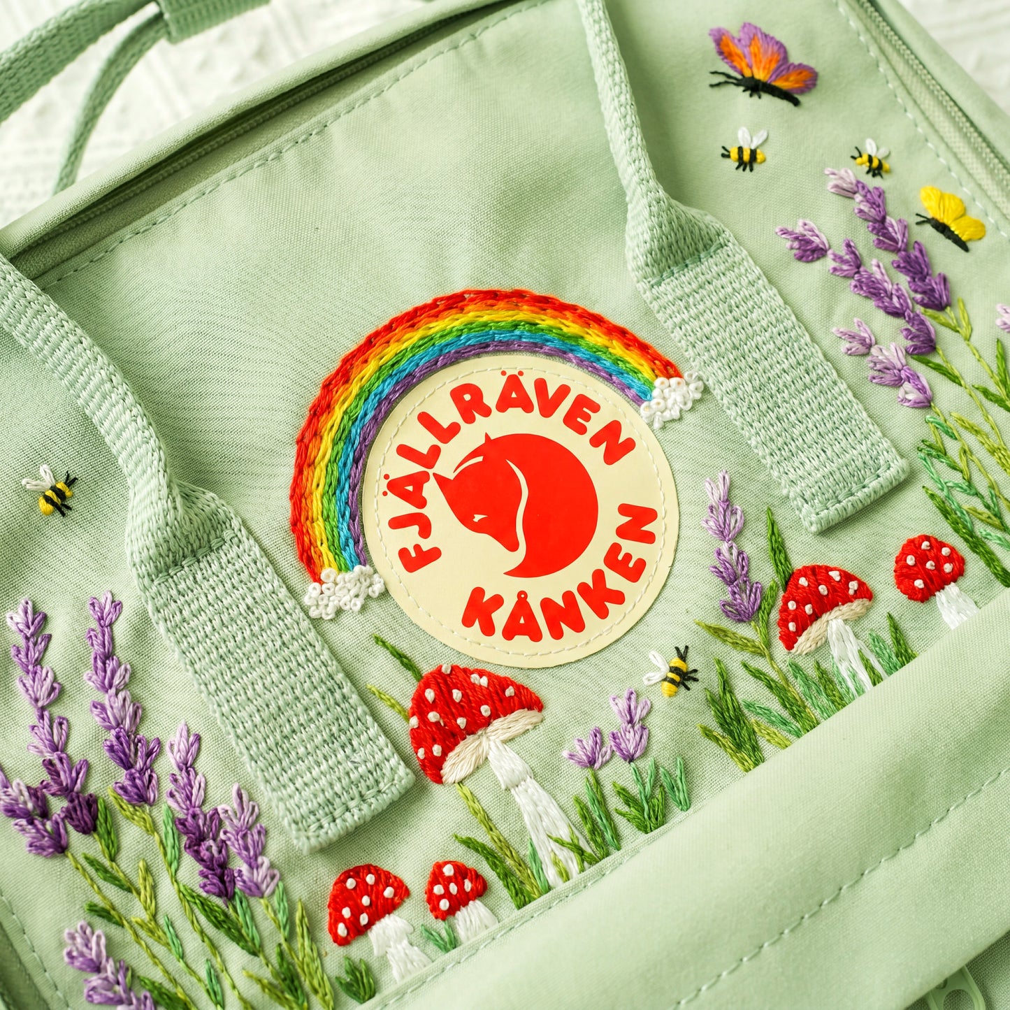 Fjallraven Kanken Rainbow Lavender Mushroom Embroidered Backpack | Lavender Mushroom Cottagecore Backpack | Cute Rainbow Floral School Bag