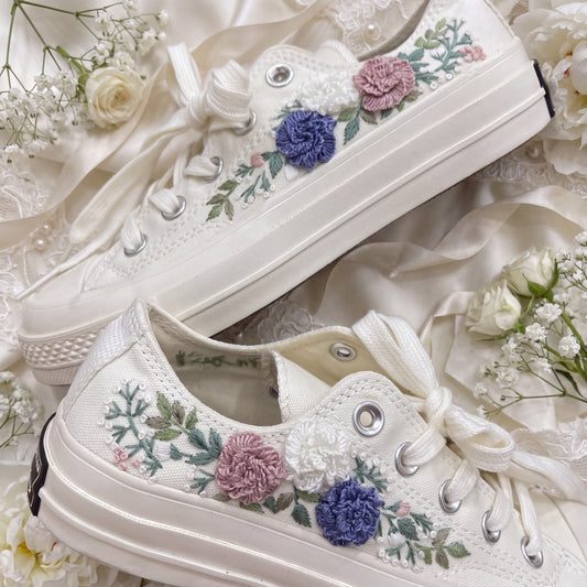 Hand Embroidered Low Top Bridal Converse Shoes | Custom Colorful Wildflower Wedding Sneakers | Personalized White Converse Gift for Bride