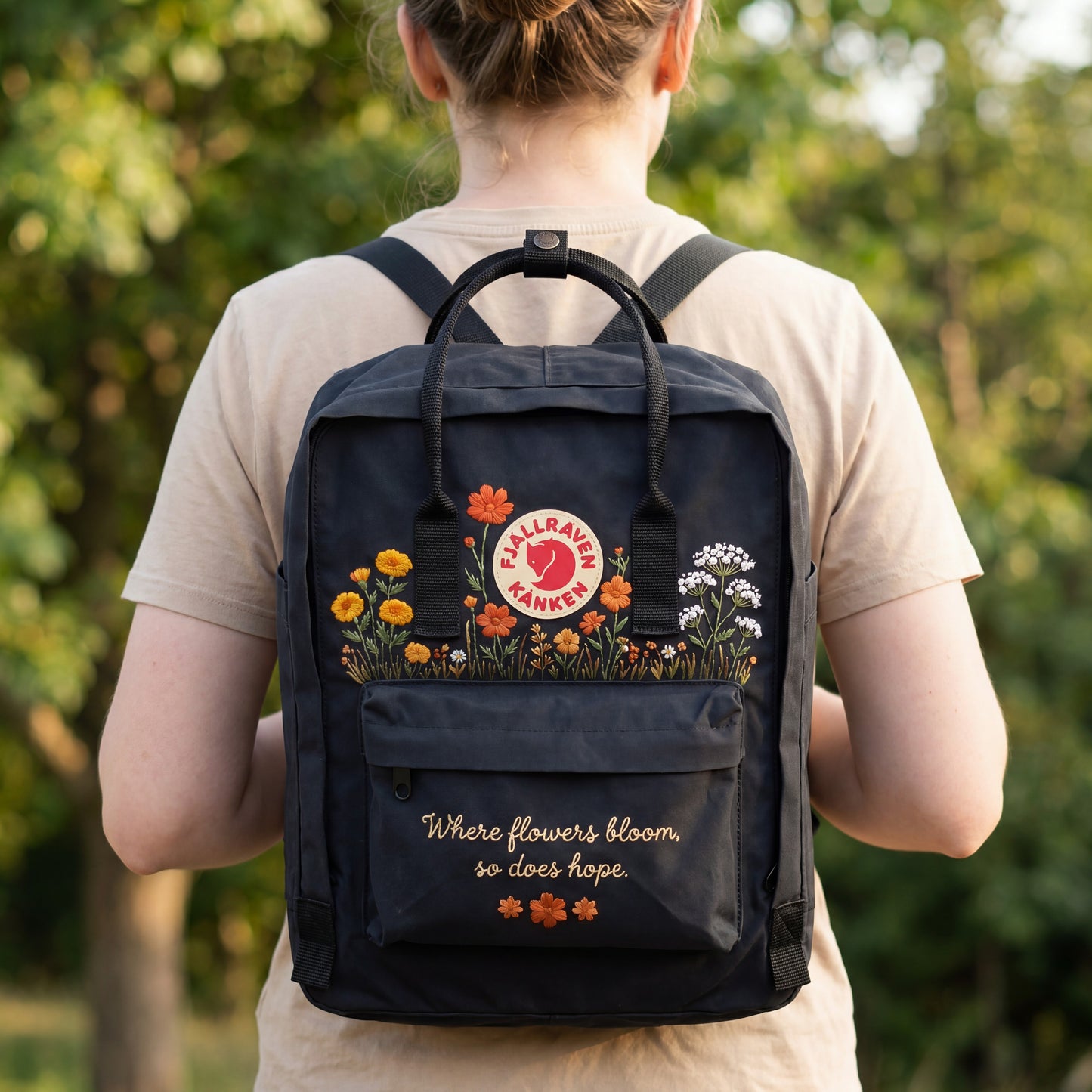 Personalized Fjallraven Kanken Wildflower Backpack, Embroidered Marigold & Baby's Breath Kanken Bag, CustomBackpack with Meaningful Quote