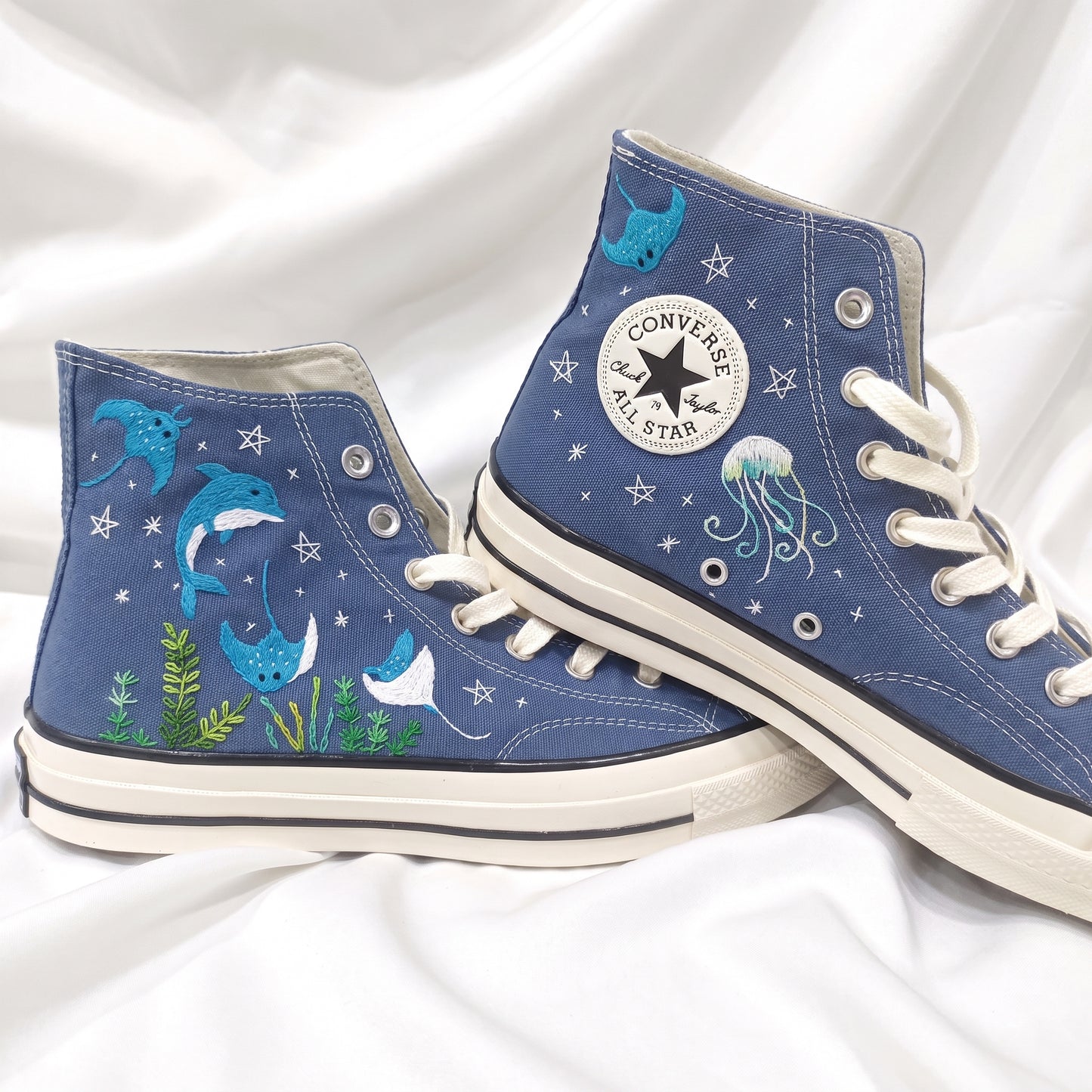 Hand Embroidered Ocean Converse Shoes | Custom Dolphin & Stingray Sneakers | Personalized Gift for Ocean Lovers