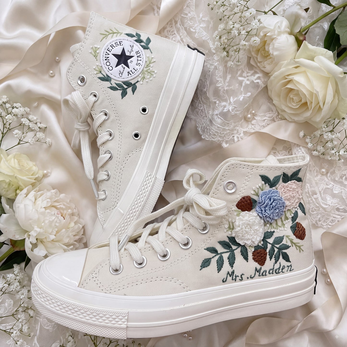 Hand Embroidered Bridal Converse Shoes | Custom Multicolor Hydrangea Wedding Sneakers | Personalized White Converse Gift for Bride
